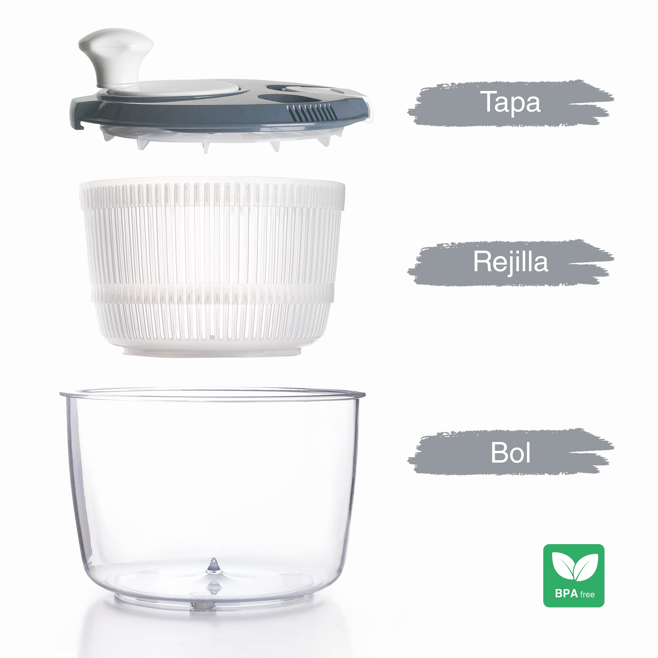 Lacor - 61422 - Centrifugadora KLEIN de Gran Velocidad, Pomo Giratorio, Sistema de Bloqueo, 3 piezas: Escurridor, Rejilla, Bol, 100% libre BPA, Ø 20,5 x 19 cm, Gris
