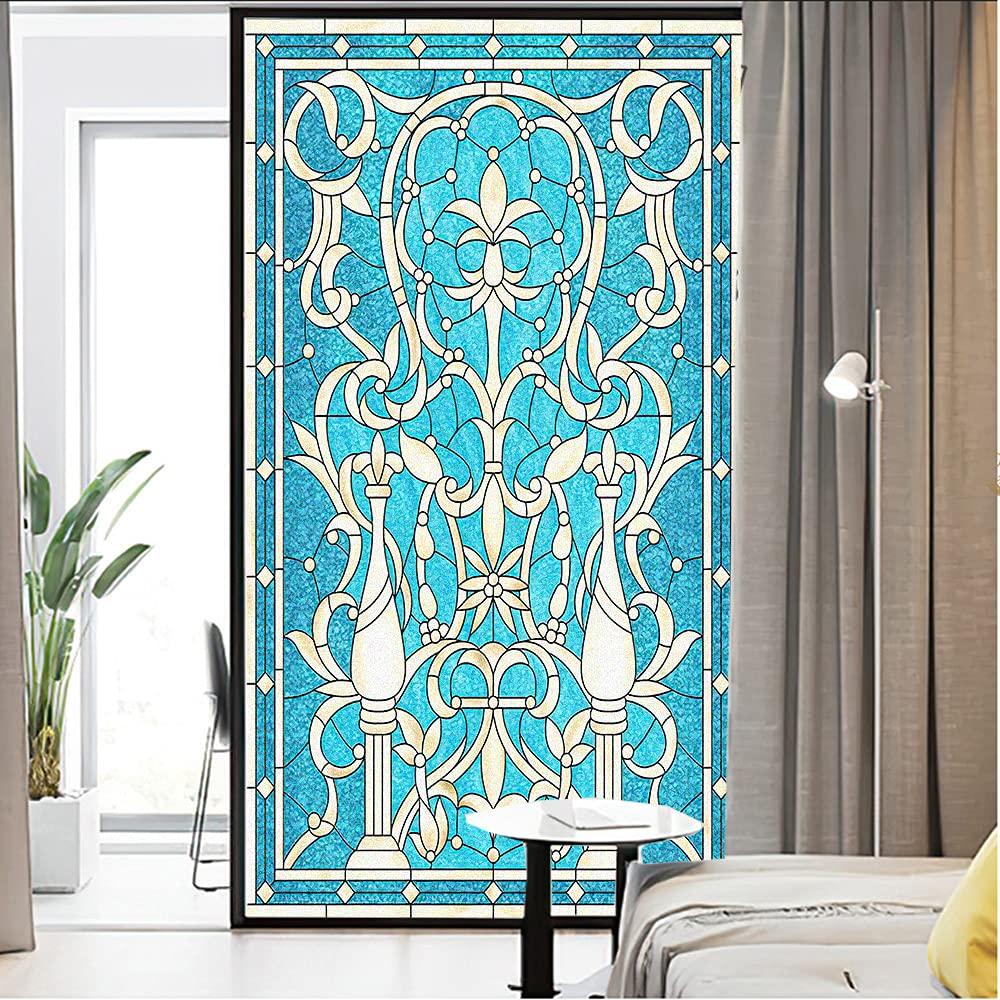 J4U Privacy Window Film Church Style Stained Glass Decorative Window Sticker No Glue Static Window Cling UV Blocked Window Decals Window Covering for Home 34.6"x63"(88x160cm)