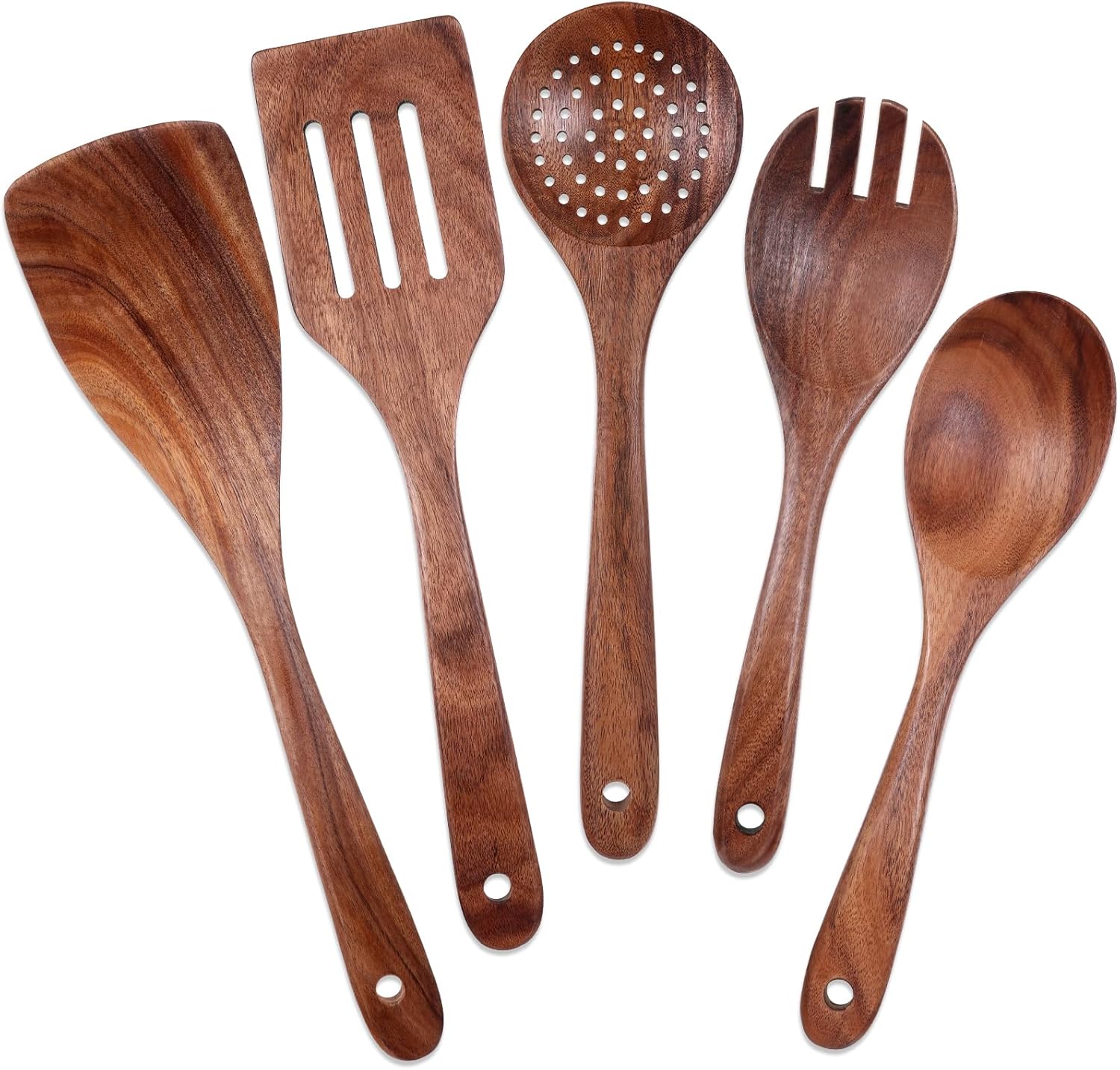 5 PCS Wooden Spoons for Cooking, Acacia Wooden Utensil Set Non-stick Wooden Cooking Utensils Reusable Kitchen Utensils Set Includes Wooden Spatula Slotted Spatula Strainer Spoon Salad Spoon Salad Fork