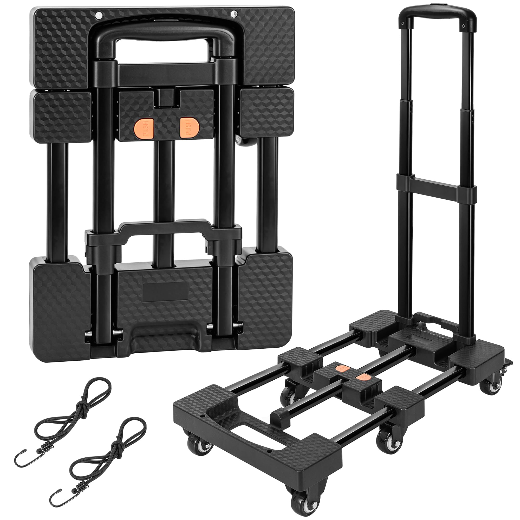 OUUTMEE Diable Pliable - Capacité de Charge Jusqu'à 225 kg | Roulettes Silencieuses, 6 Roues, 2 Cordes élastiques, Chariot à Utilitaire Pour Déménagement/Bureau/Transport intérieur