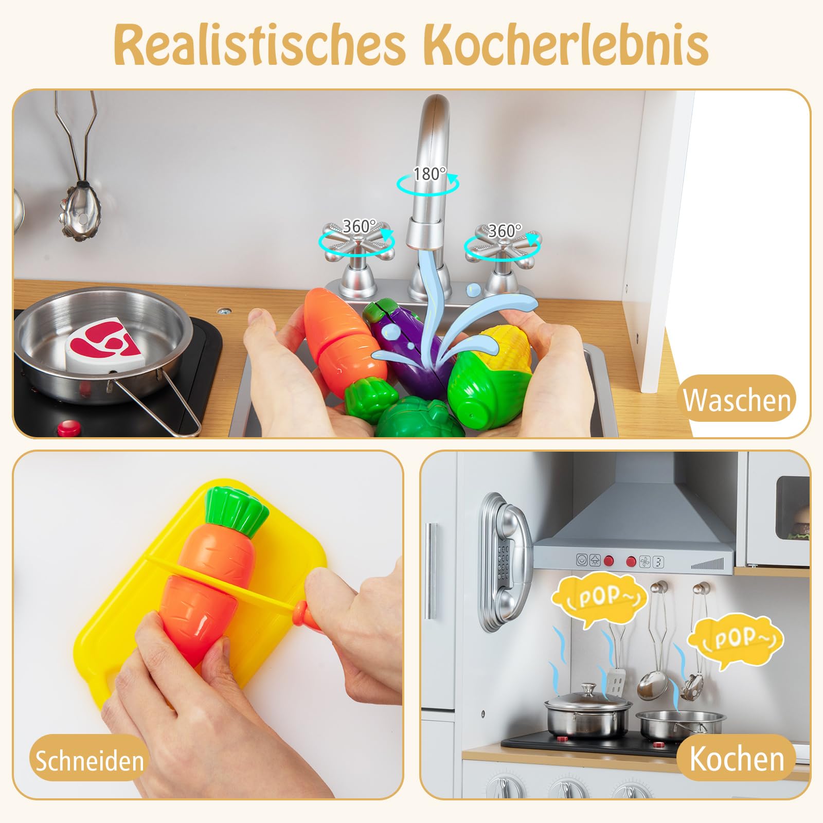 DREAMADE Höhenverstellbare Kinderküche mit Licht und Sound, Spielküche aus Holz mit Zubehör, Kinderspielküche mit Spüle Herd Backofen, Holzküche Spielzeugküche für Kinder ab 3 Jahren (Groß-Natur+Weiß)