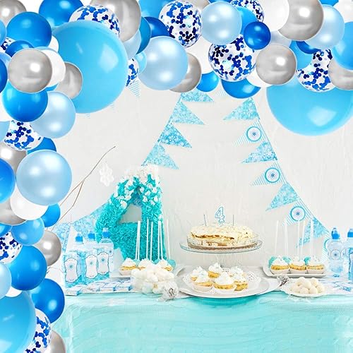 Miniatura 9 de RUBFAC Kit de arco de guirnalda de globos azules, serpentinas azules y blancas para decoración de fondo de ducha, boda, fiesta de cumpleaños