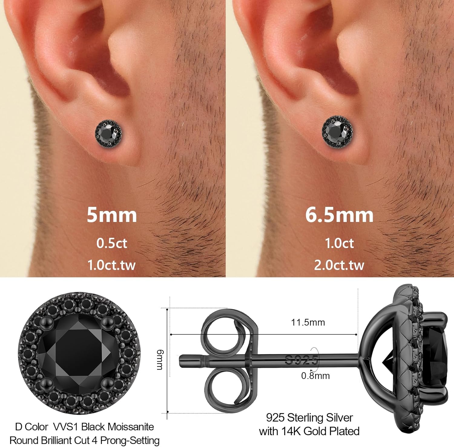 KRKC Black Moissanite Stud Earrings for Men, D Color VVS1 Clarity, Lab Created Diamond Earrings, Vermeil 925 Sterling Silver Hypoallergenic 14K Black Gold Friction Back Earrings Jewelry for Men Women Gift - Image 2