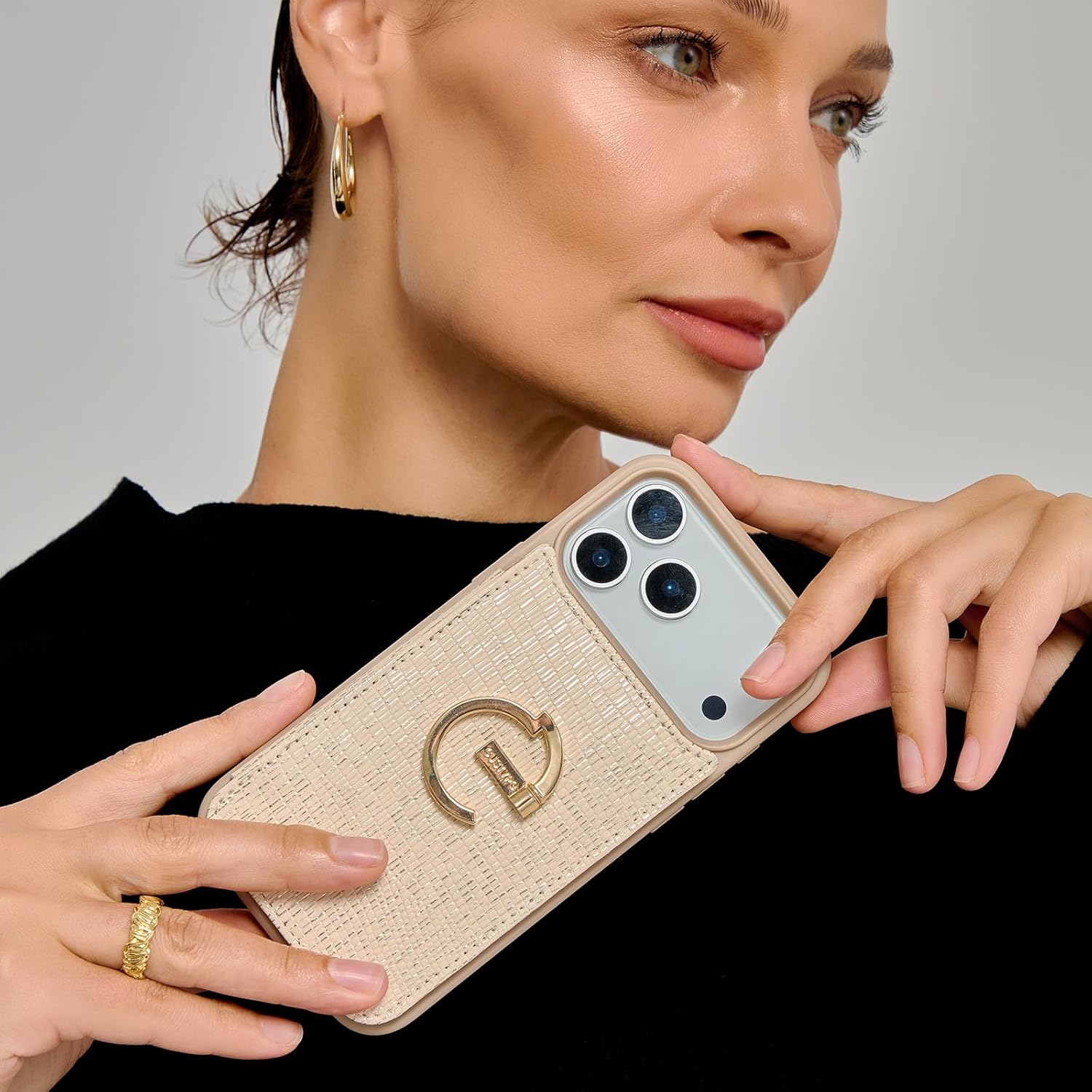 CUSTYPE Compatible with iPhone 17 Pro Max Wallet Case with Card Holder,Bling Leather 180°Ring Holder Kickstand Card Slots Case,PU Leather Case for iPhone 17 Pro Max 6.9inch-Nude&Bling