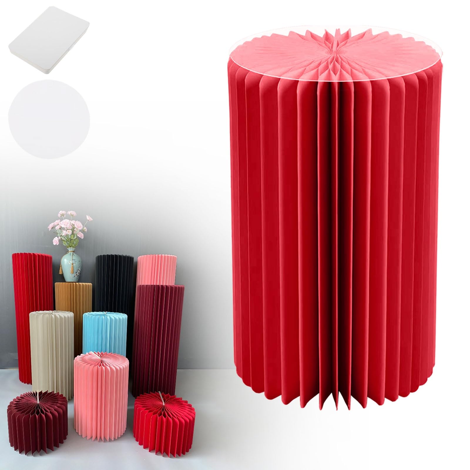 YTBHSHXZ plinth， Foldable Cardboard Cylinder Pedestal Stand With Transparent Plate Multicolor 20-100cm(Red,H 60cm)