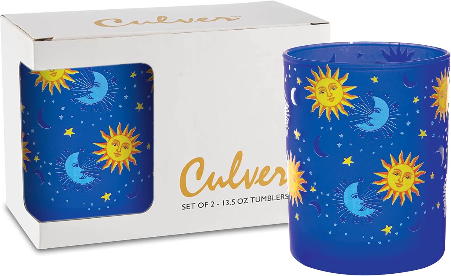 Culver Celestial Frosted Double Old Fashioned Tumbler Glasses, 13.5-Ounce, Gift Boxed Set of 2 (Celestial Sun Moon Stars Blue Frosted)