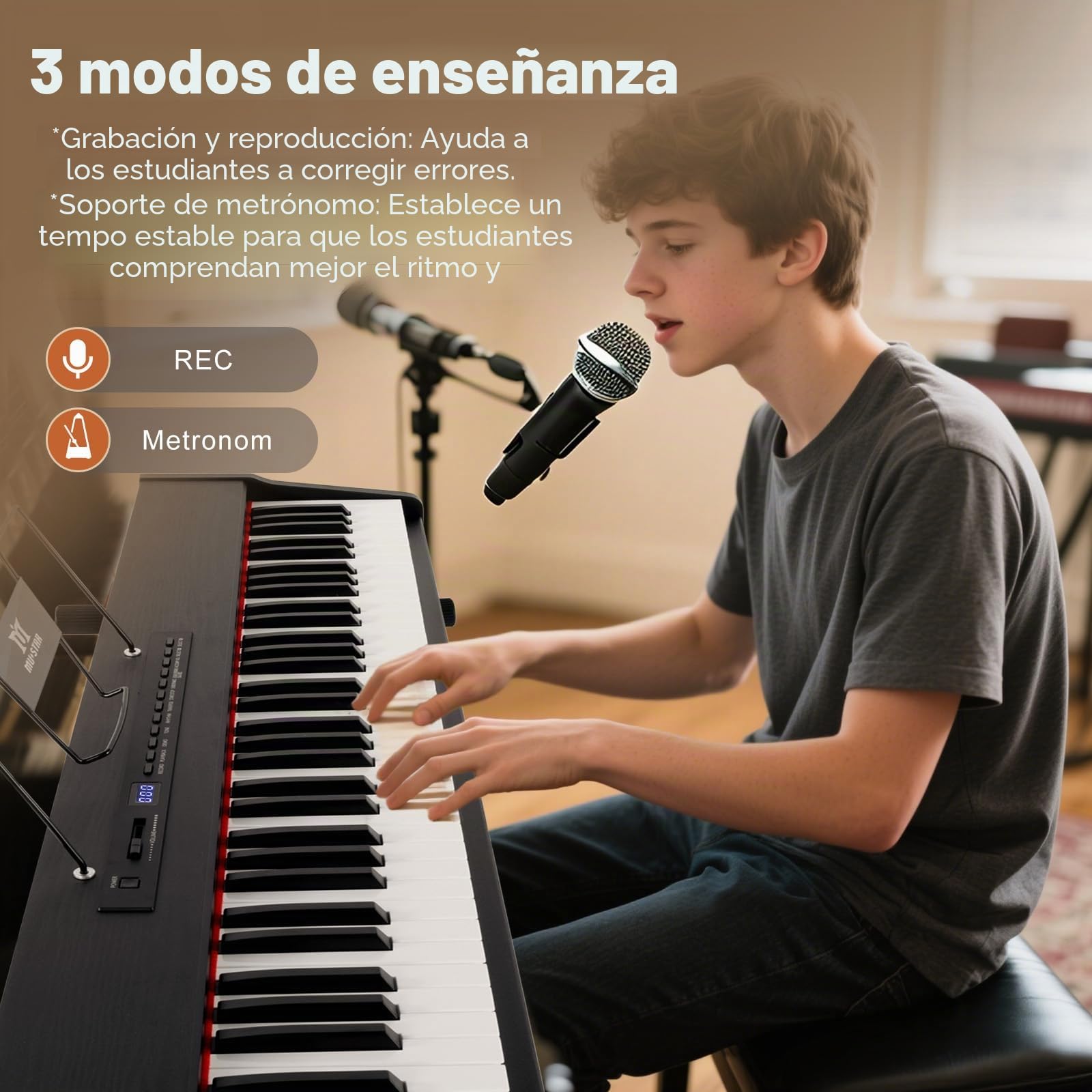 MUSTAR Piano digital 88 teclas semi-pesadas con soporte, tamaño completo 88 teclas, piano principiante, piano electrónico portátil, con conexión inalámbrica, maleta, pedal de sustain, negro