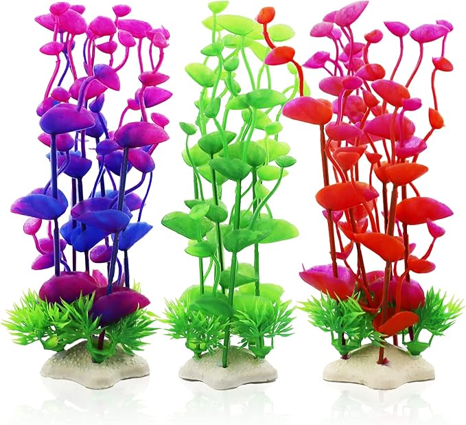 LAMXD 3 Pcs Artificial Aquarium Plants, Fish Tank Plants Decorations, Plastic Plants for