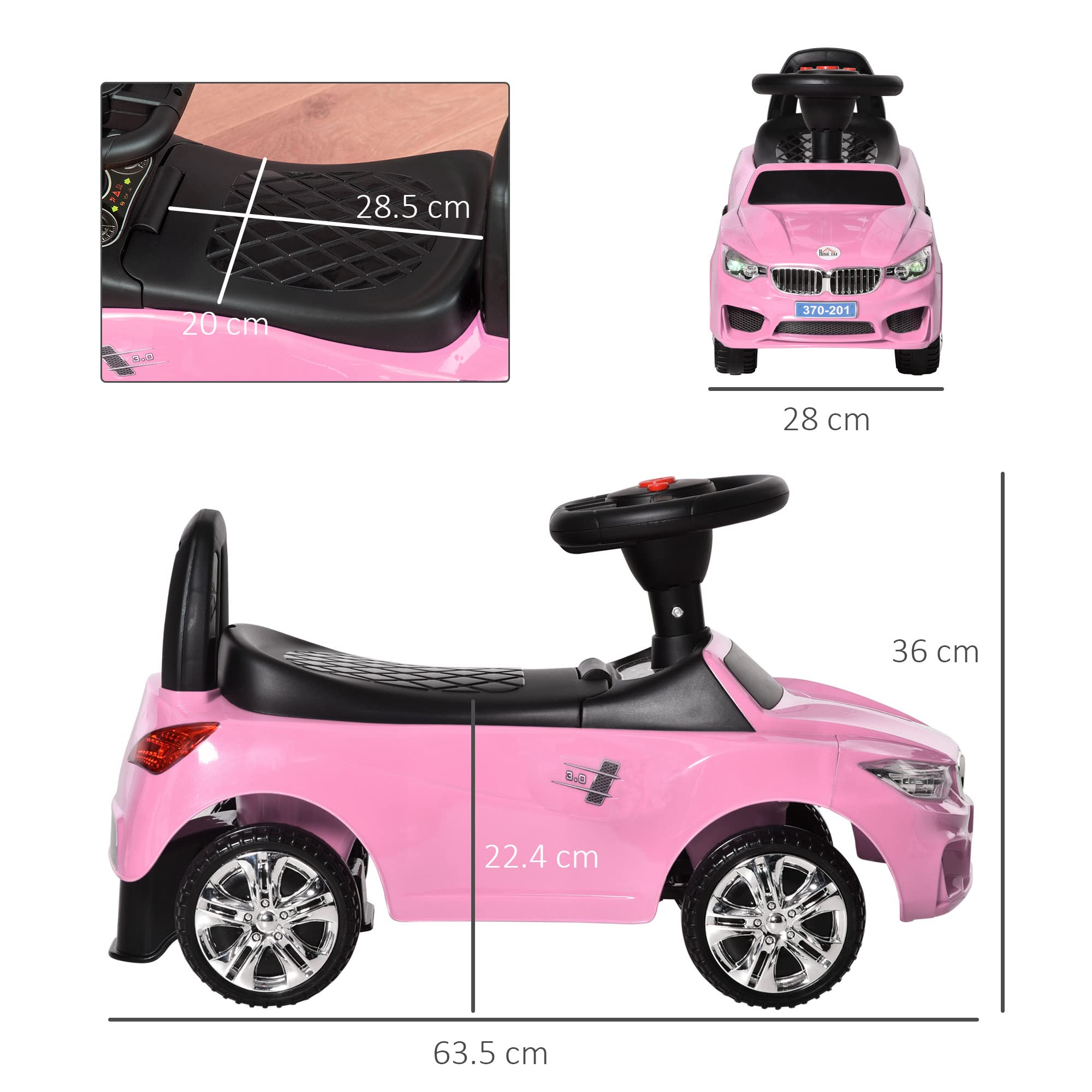 HOMCOM Coche Correpasillos para Niños de 18-36 Meses Andador Correpasillos con Faros Música Bocina Volante Espacio de Almacenaje y Asa para Empujar 63,5x28x36 cm Rosa