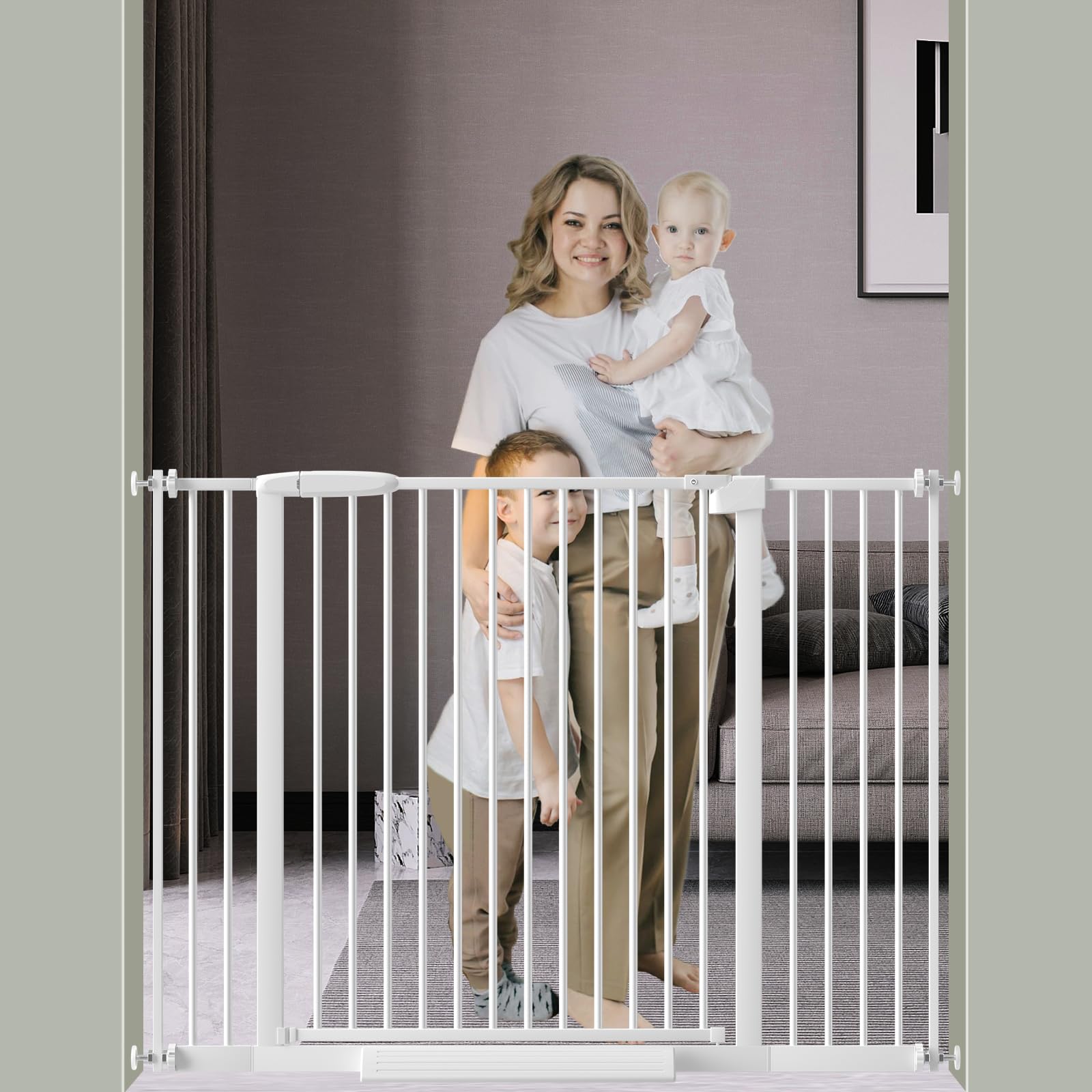 DEARBB Extra Wide Baby Gate Ultra Narrow Spacing 30.11-77.36" Pressure Mounted Double Lock Swing Auto Close Walk Through Metal Safety Pet Gate for Stairs and House Doorway Kitchen
