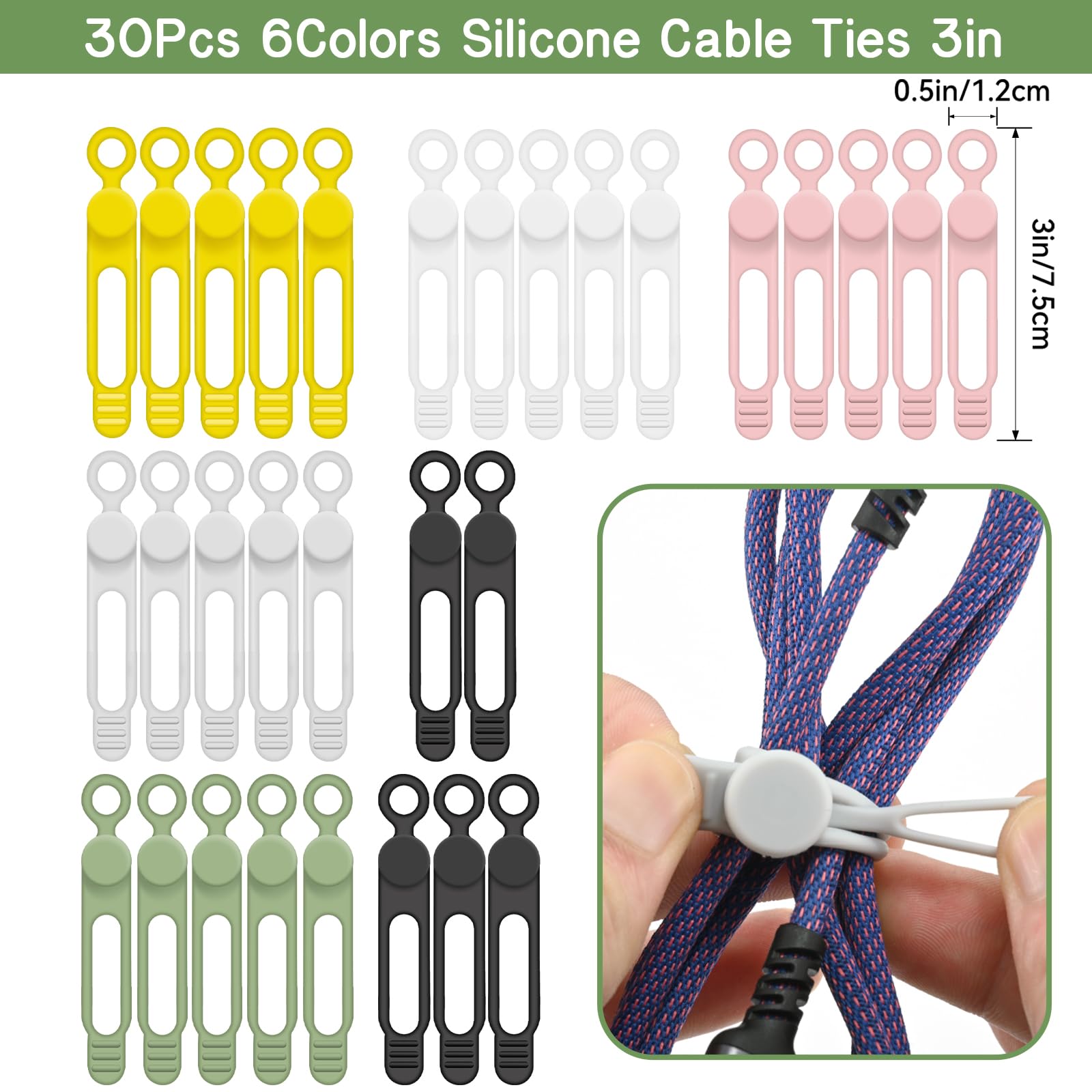 Lot de 30 serre-câbles en silicone - 6 couleurs - Réutilisables - Pour câbles de données, gestion des fils, câbles d'ordinateur, écouteurs, électronique, voyage, bureau à domicile et tiroir de bureau