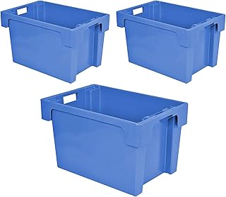 3 recipientes apilables, aptos para alimentos, 600 x 400 x 400 mm, 70 litros, color azul