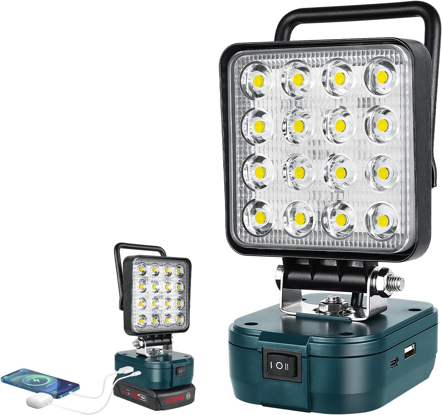 YOJZMA Cordless LED Work Light for Bosch 18V Battery, 4 inch 48W LED Floodlight with USB & Type-C Charging Port for Workshop,Garage,Camping,Job Site,Car Repairing (No Battery) [Energy Class E]