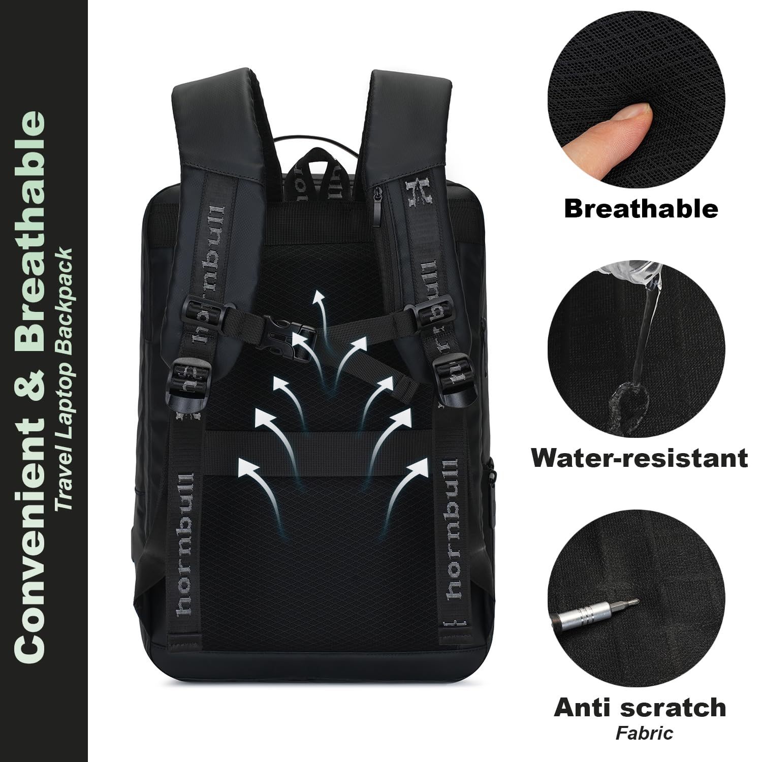 HORNBULL Zurich - Mochila de viaje de oficina de 42 L, mochila para laptop de 17 pulgadas, 3 en 1, expandible y convertible, puerto USB y tipo C, resistente al agua, multicompartimento, mochila para
