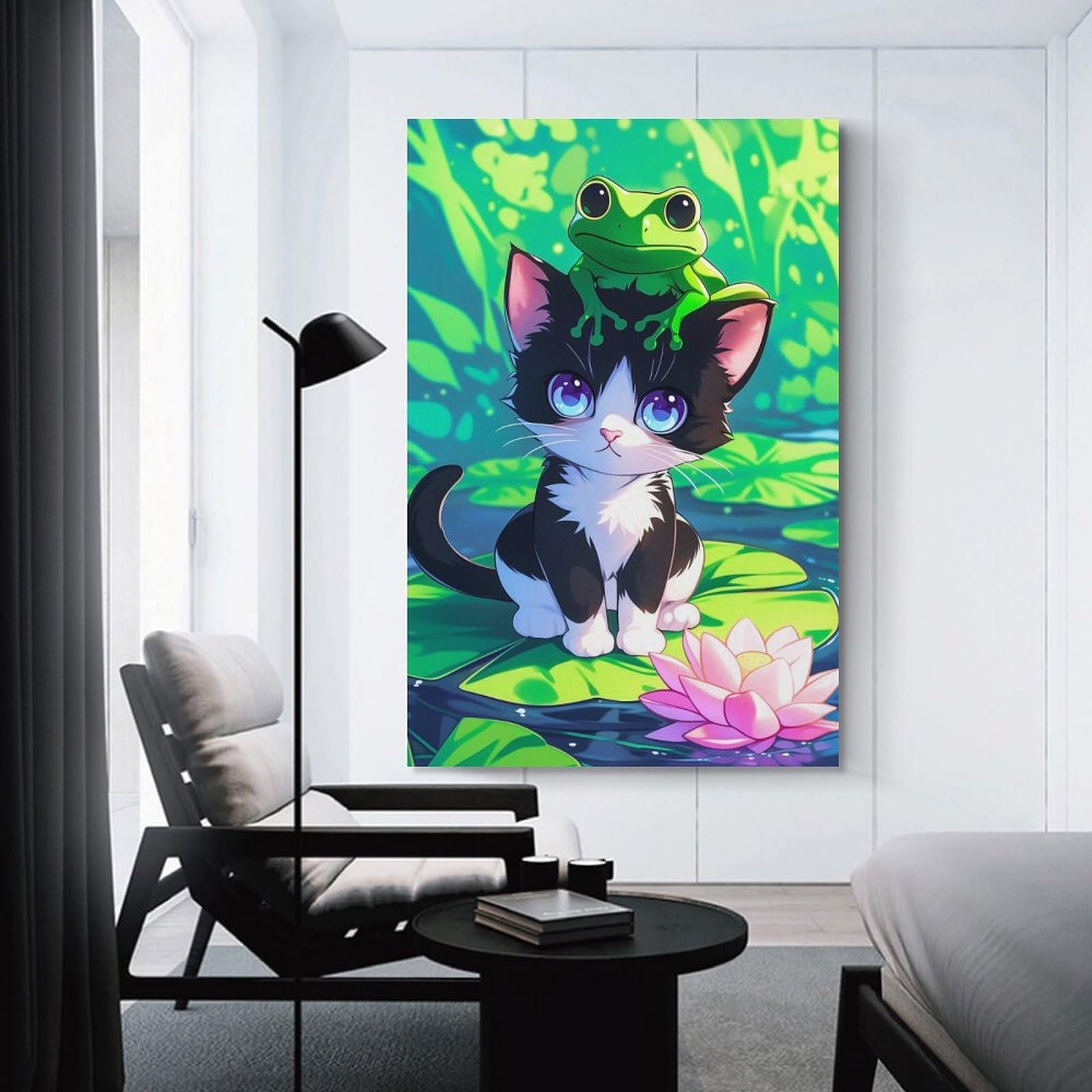 Junmoney Unframe-Style-13 Cat And Frog Friends Home Decor Wall Art 16X24inch(40X60cm), For Lounge, Study, Hallway Or Flat Walls, Stylish Home Artwork For Focal Walls