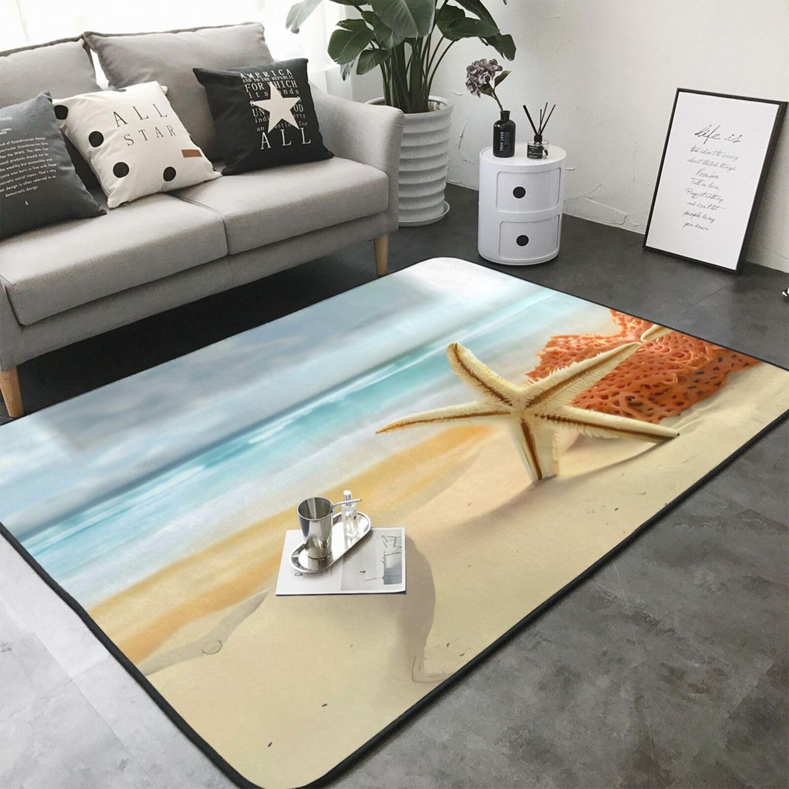 Tapis de sol antidérapant en peluche imprimé étoile de mer et corail sur la plage 203,2 x 147,3 cm – Confort bien conçu pour votre oasis d'intérieur