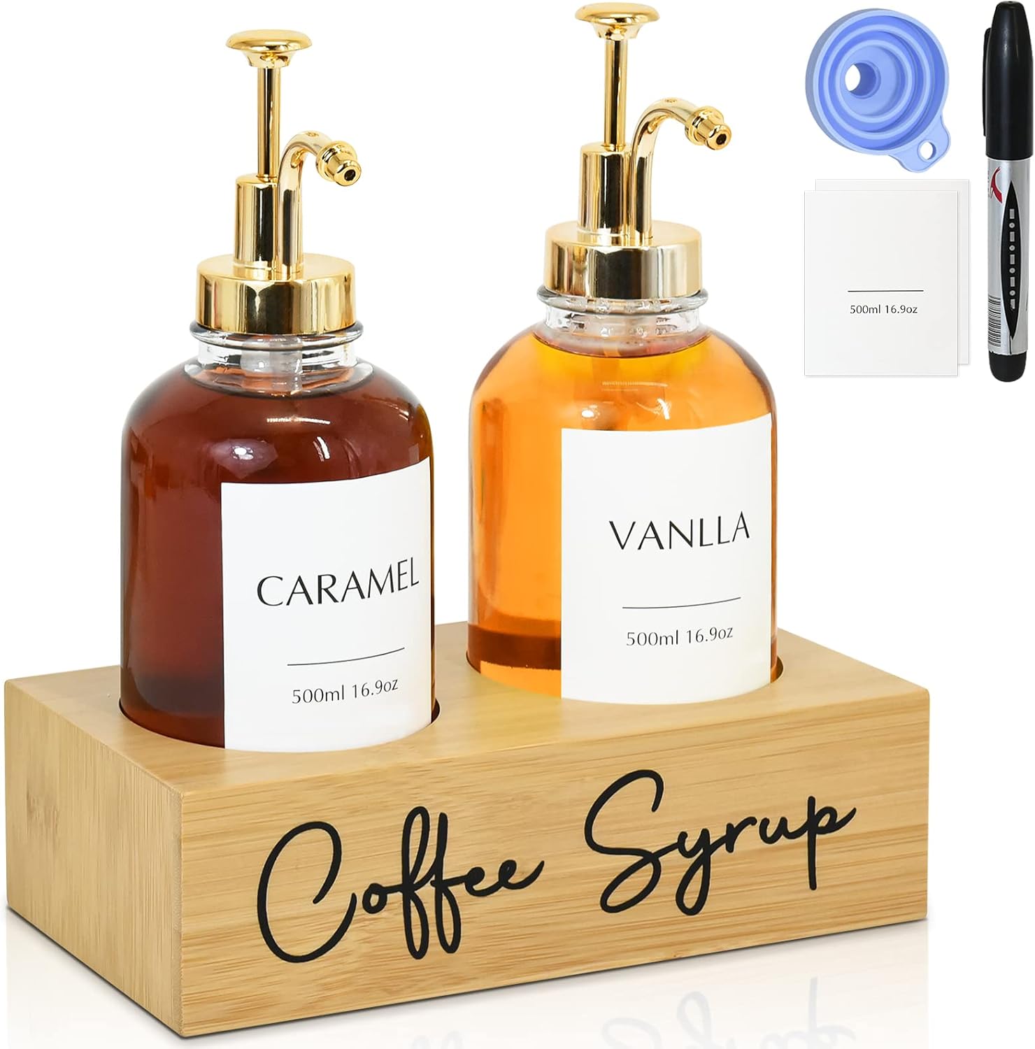 Coffee Syrup Dispenser with Bamboo Holder, Syrup Dispenser