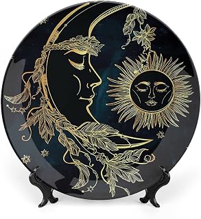 6 Inch Decorative Plate,Psychedelic Ceramic Plate, Crescent Moon with Boho Feathers Egyptian Myth Print Ornament Display Plate for Dining Table Setting, Wedding Reception Decor, Christmas Tablescape