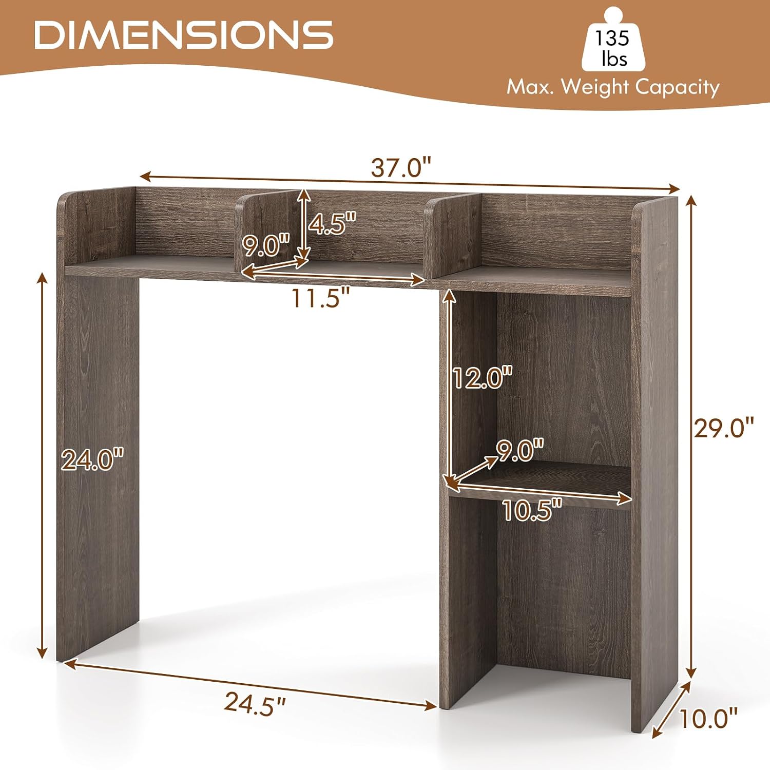 Desk Hutch, 3-Tier Wood Desk Organizer Shelf with 5 Shelves for Computer Desk, Countertop Display Rack, Desktop Bookshelf for Dorm Office Home (Grey Oak)