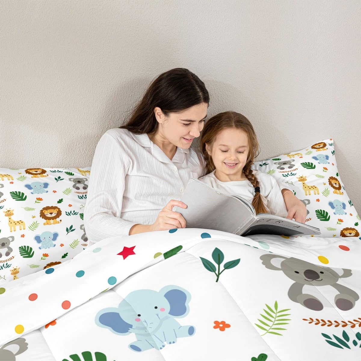 Erosebridal Nursery Cute Jungle Animal Kids Bedding Sets Safari Elephant Giraffe Comforter Full Size for Boys Girls Child Cartoon Koala Lion Duvet Quilt Set Palm Leaves Flowers Zoo Animal Comforter
