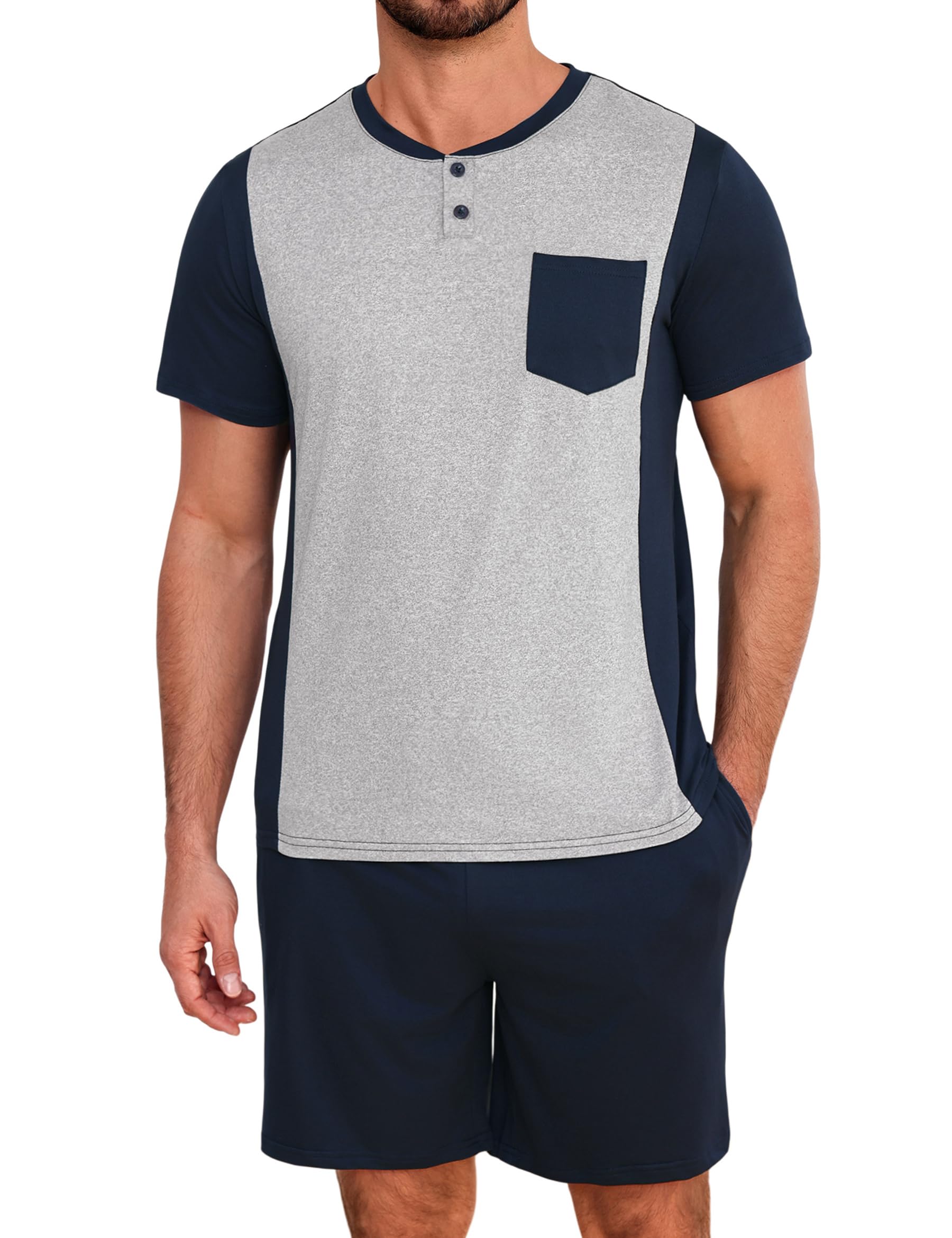 Jahetuul Schlafanzug Herren kurz Schlafhose Rundhalsausschnitt Knopf Pyjama Sommer Schlafanzüge für Herren Pyjamashort Nachtwäsche Männer