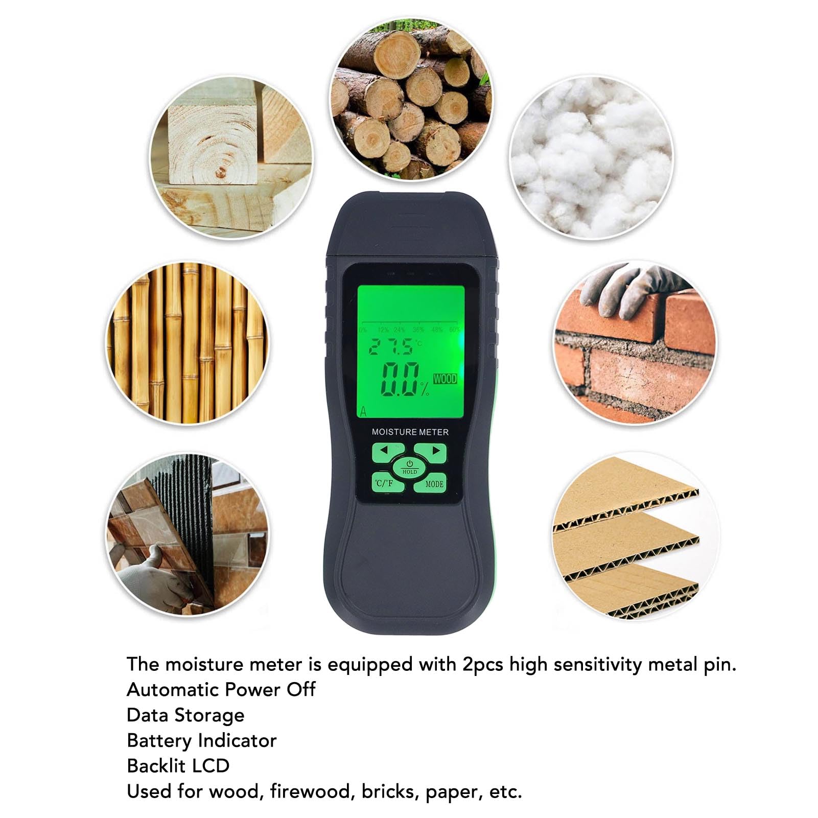 XHTLLO Wood Meter, Digital Wood Meter Pin Type with LCD Display, 2 in 1 Dampness and Temperature Sensor Detector, Professional Content Meter for Woodworking