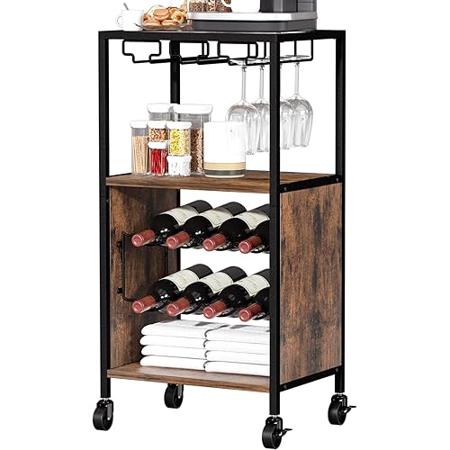 SZLHANJZ Wine Cart, Small Liquor Cart with Glass Holder, Rolling Side Table for Beverage Serving, Wood and Metal Bar Cart with Wine Rack for Home Bar, Kitchen, Living Room, Rustic Brown