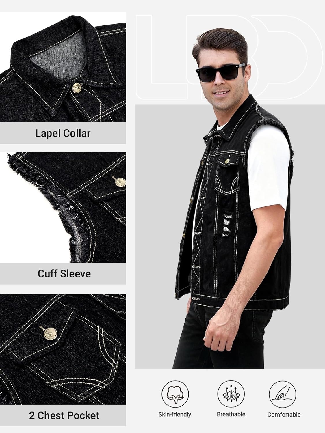 LONGBIDA Men's Denim Vest Casual Slim Fit Sleeveless Jacket Vintage Ripped Summer Jean Vests - Image 3