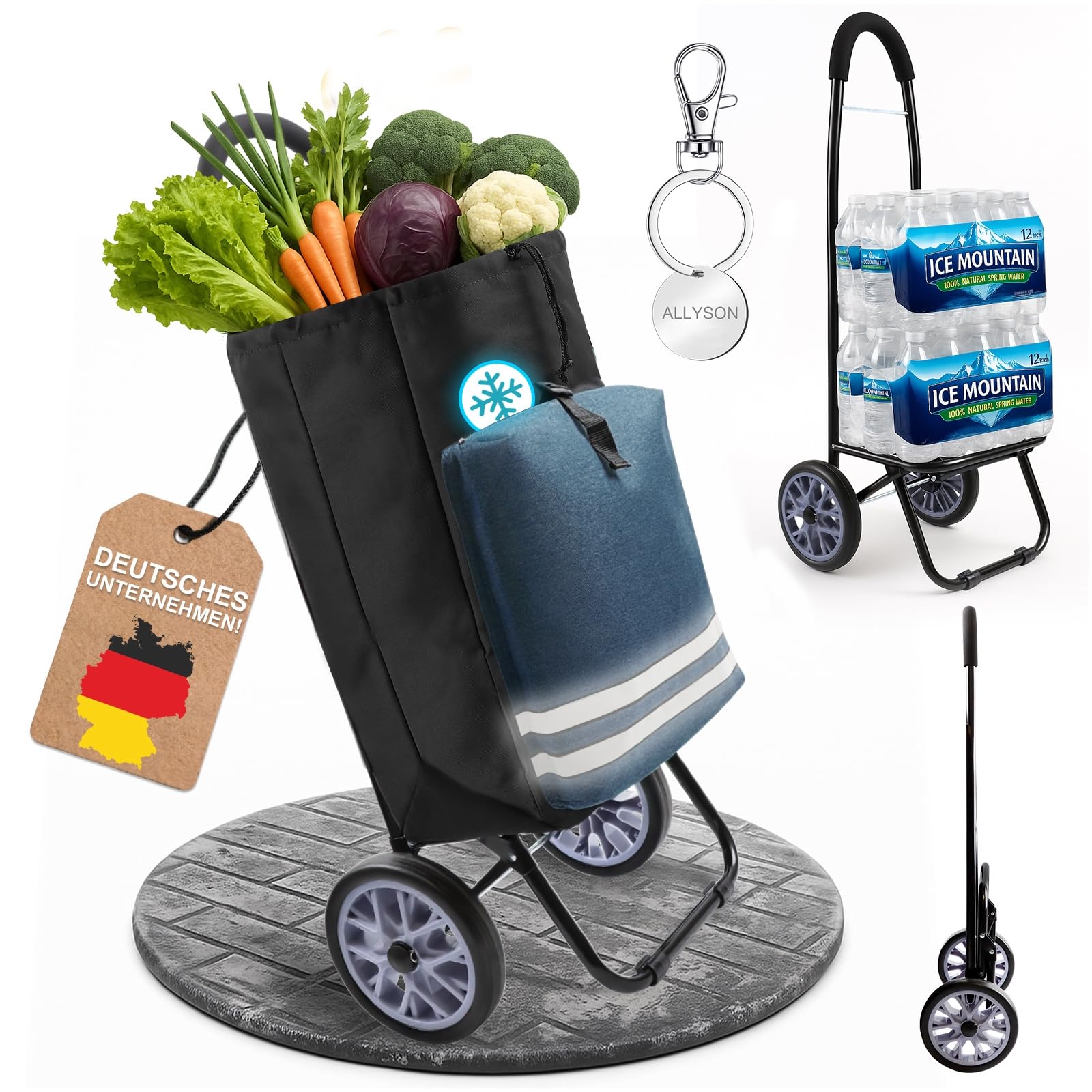 Allyson® Einkaufstrolley klappbar, Wasserabweisende 40L Tasche | Ergonomischer Griff, langlebige Räder, kompakt und platzsparend, Aluminiumrahmen, inklusive Einkaufswagenlöser.