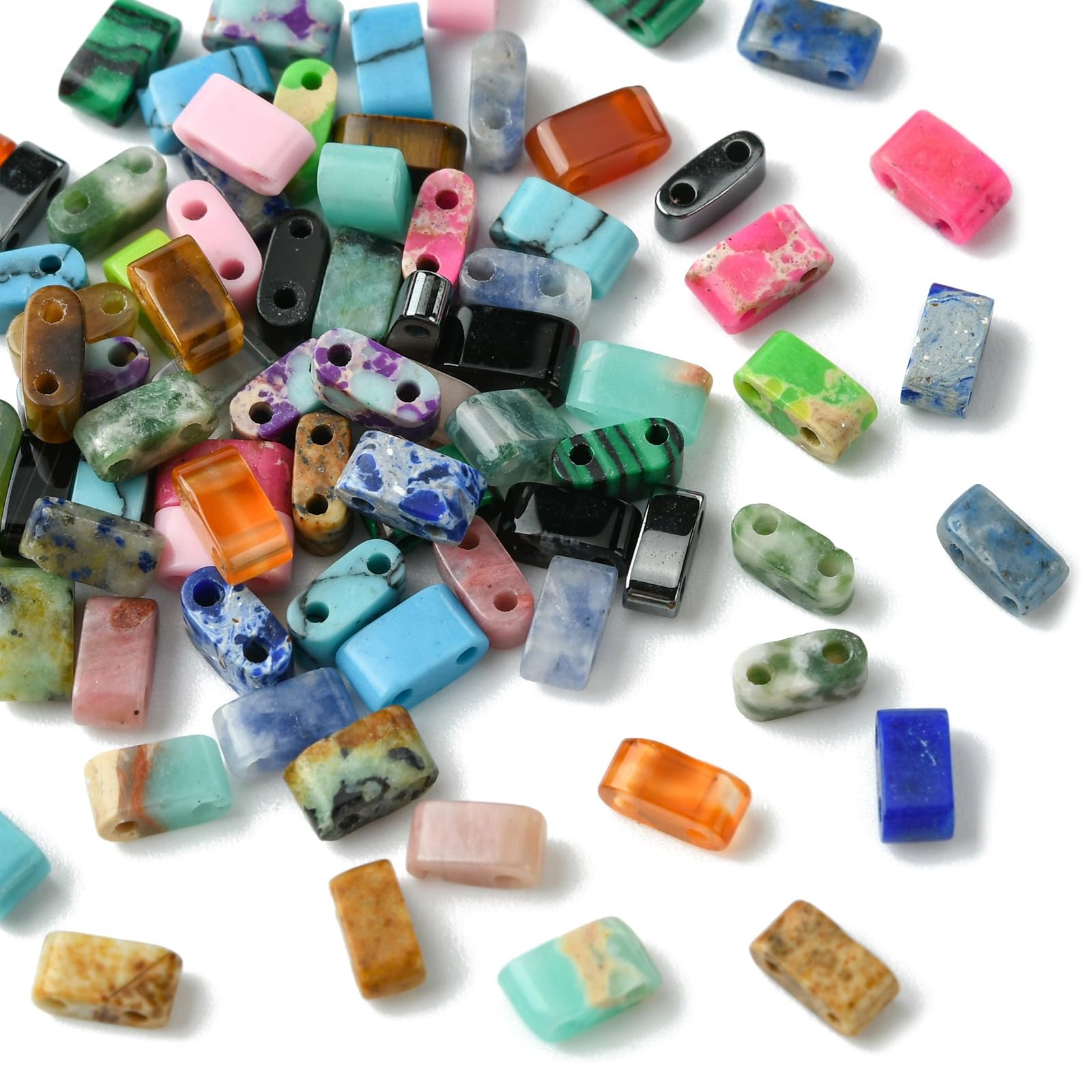 UR URLIFEHALL 100 Pcs 20 Styles Half Tila Beads Rectangle Agate Beads 2 Hole Gemstone Spacer Beads for Jewellery Making DIY Bracelets Crafts
