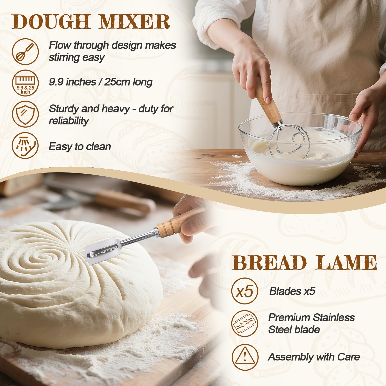 NZQXJXZ Gärkörbchen, 100% Natürlichem Rattan, Gärkorb Zum Brotbacken-Set, Brotkorb Mit 32OZ Gärglas mit Spatel, Leicht Zu Reinigen Brot Backen Zubehör für Professionelle und Häusliche Bäcker, 16pcs