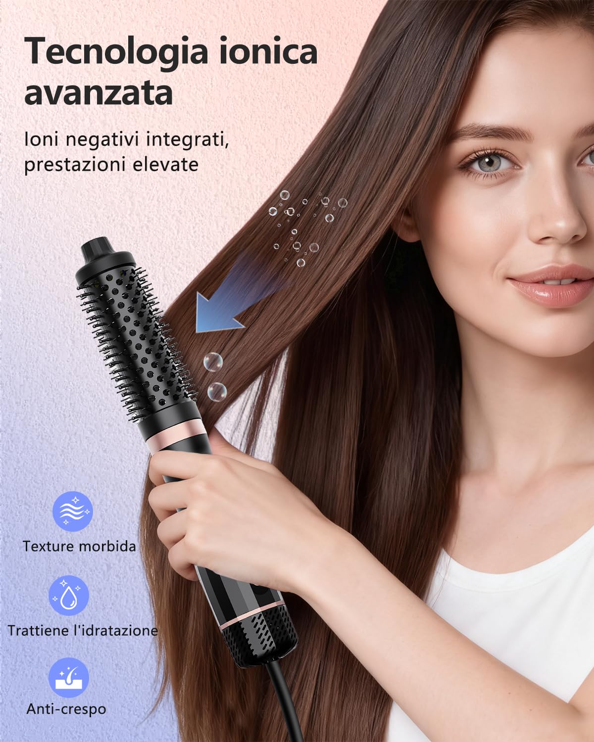 Spazzola termica, spazzola termica Blowout Boost ionica, rende i capelli lisci e lucenti, 5 livelli di temperatura, delicato sui capelli, doppia tensione, spina europea, Sakura rosa