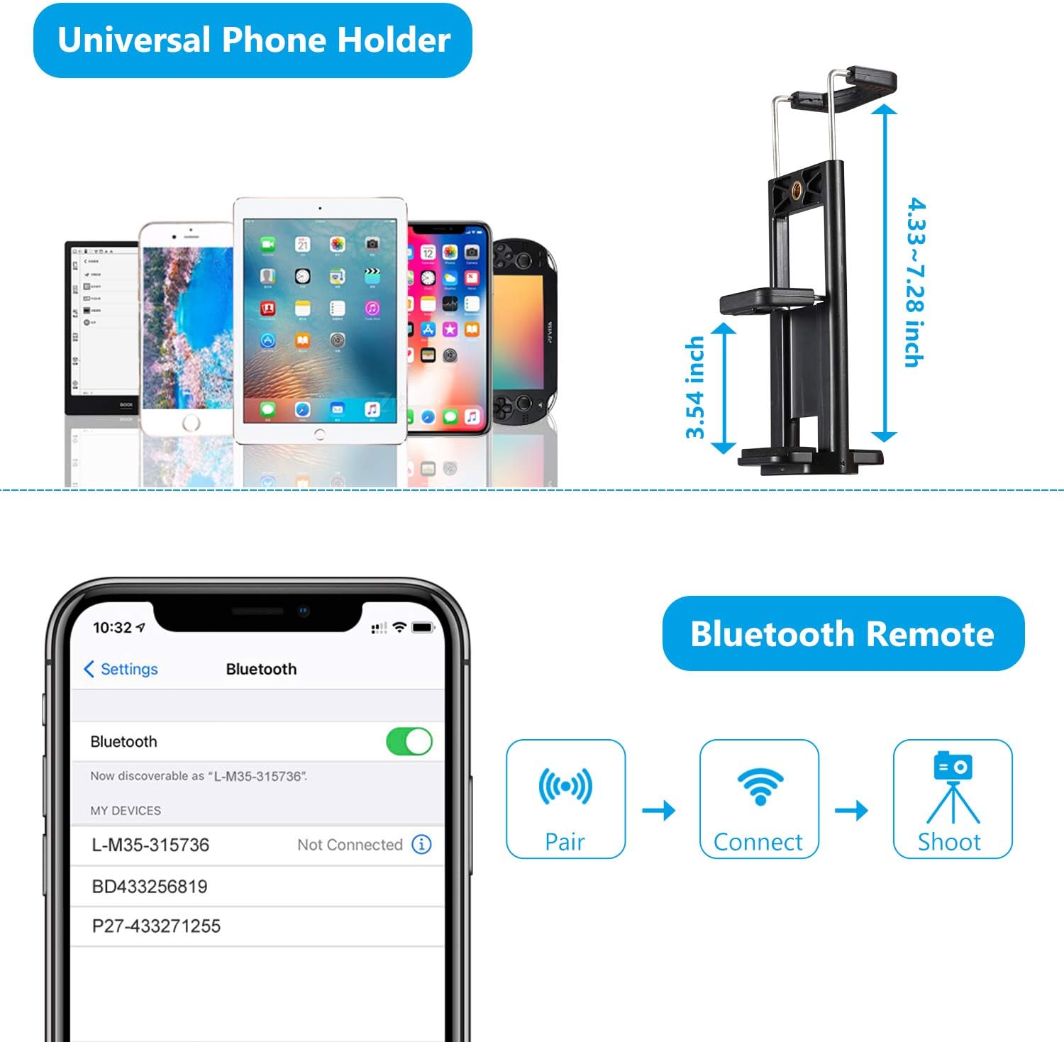 Phone Tripod, 50'' Phone Tripod with Phone Camera Tablet Holder and Remote Shutter, Aluminum Tripod Stand for Universal Smartphone ipad iPhone DSLR