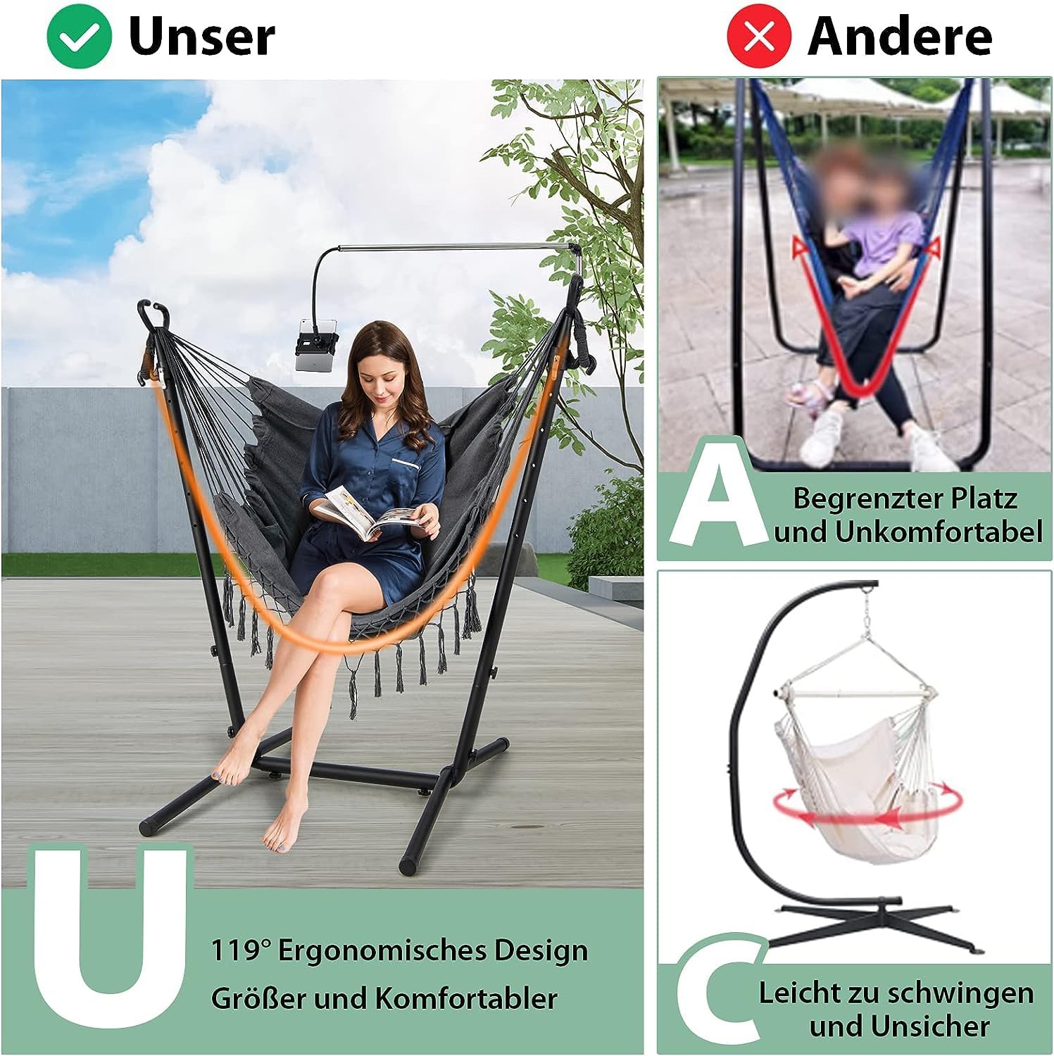 GOPLUS Silla Colgante con Estructura de Metal y Asiento de Algodón, Altura Ajustable y Soporte para Celular, Hamaca con Estructura, para Jardín, Patio y Dormitorio,Carga 250kg (Negro)
