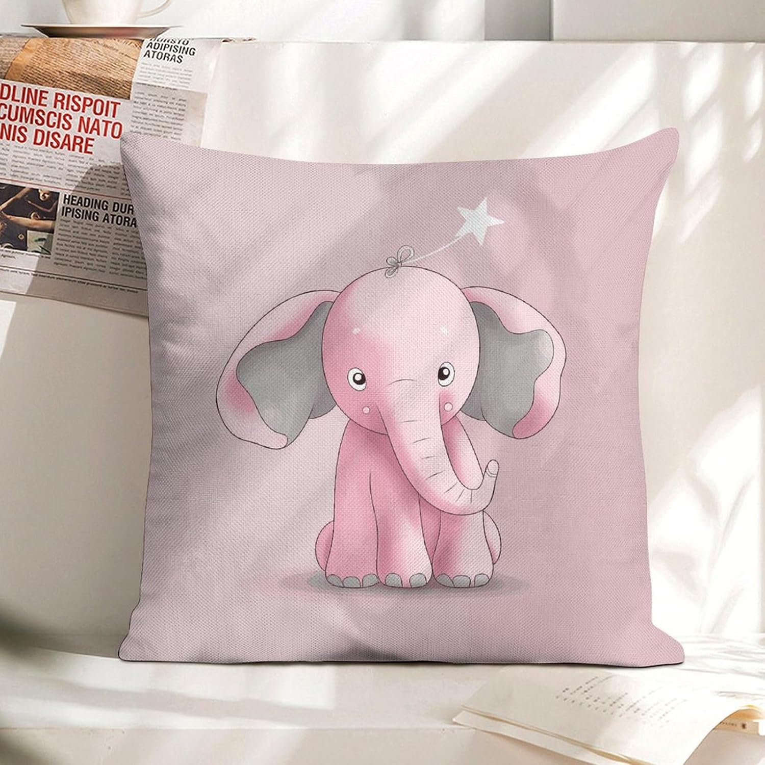 Pink Elephant Pillow Protectors Cute Waterproof Pillow Cover Soft Skin-Friendly Cushion Case Decorative Square Cushion Cover for Couch Sofa Bed Living Room Bedroom