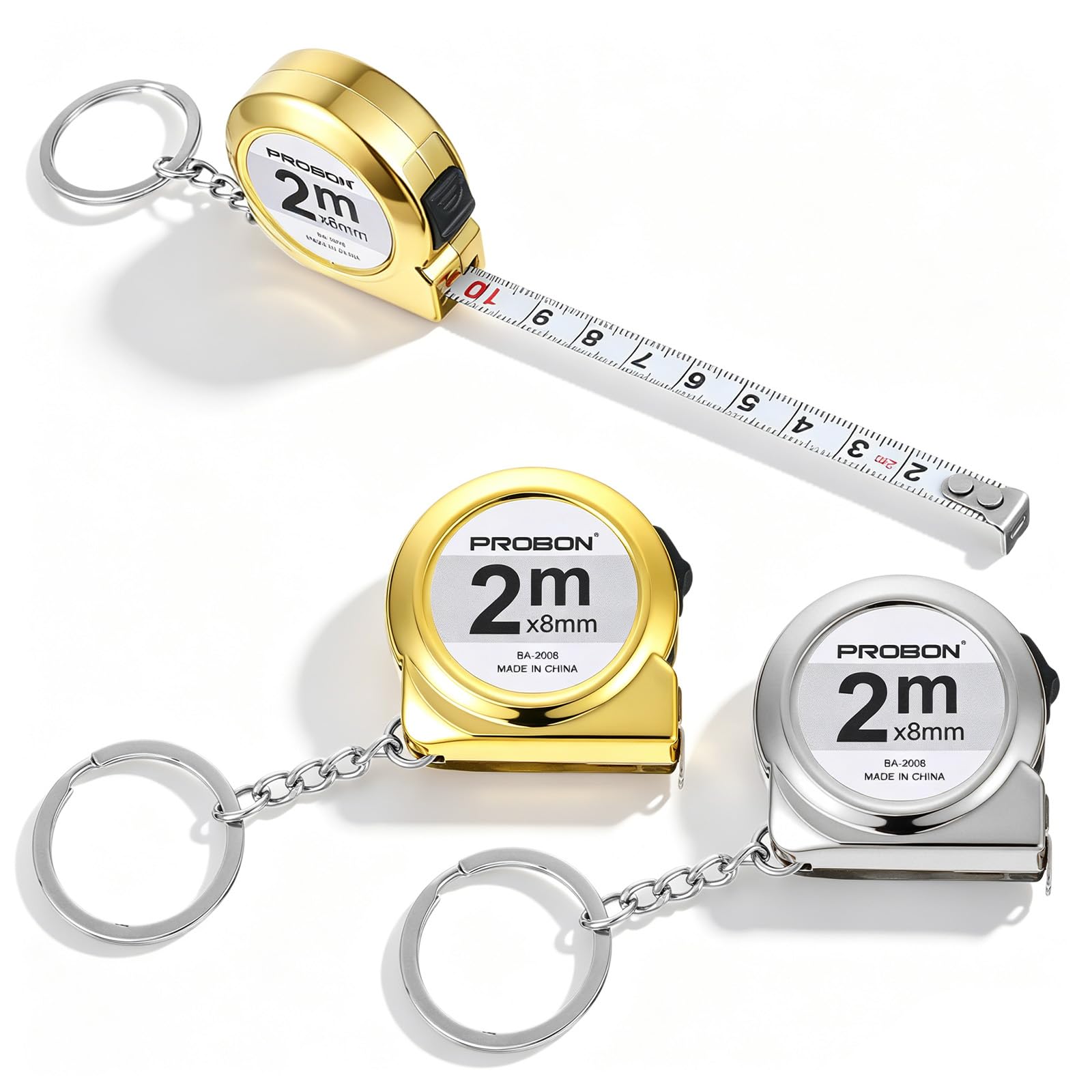 Mini Tape Measure, 2 Pcs 2M Retractable Stainless Steel Measurement Tape Clear Markings Portable Mini Measuring Tape with Keychain for Home, Office, Sewing, DIY Projects (Gold, Silver)