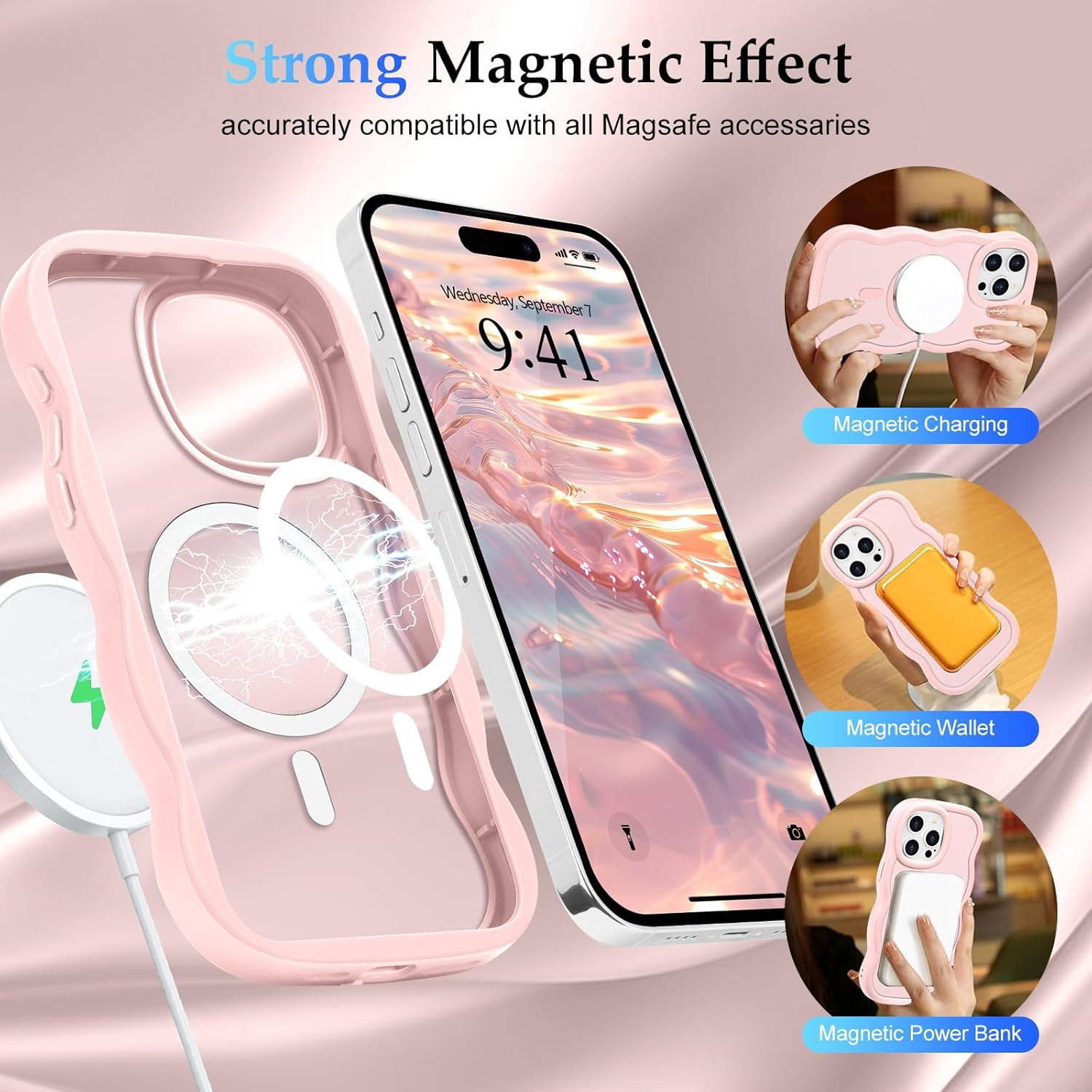 for iPhone 15 Pro Case, Curly Wavy Frame Hard Translucent Matte Clear Back Cover for Women Men Compatible with Magsafe TPU Bumper Shockproof Drop Protection Phone Case for iPhone 15 Pro, Pink - Image 3