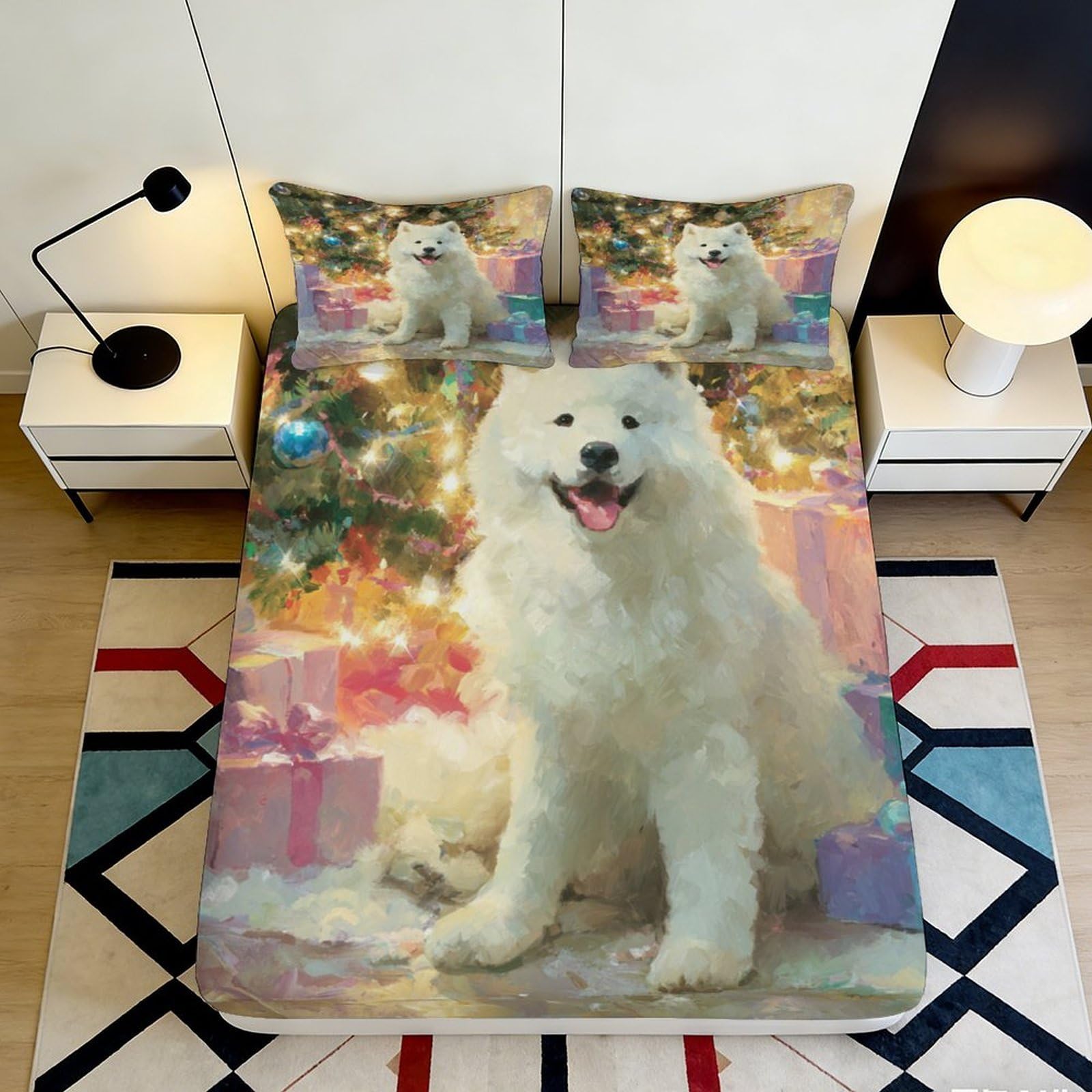 3D Printed White Samoyed Dog Fitted Sheet Microfiber Soft Breathable Christmas Tree Bed Cover for Bedroom Dormitory Guest Room Decor Mattress Protection 160x200x25cm