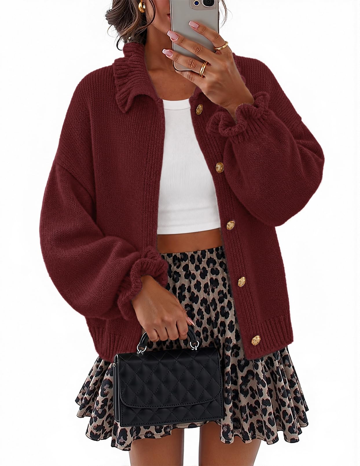 Women's Fall 2026 Chunky Cardigan Sweaters Trendy Ruffle Button Down Long Sleeve Casual Knit Coat Winter Clothes-image-33