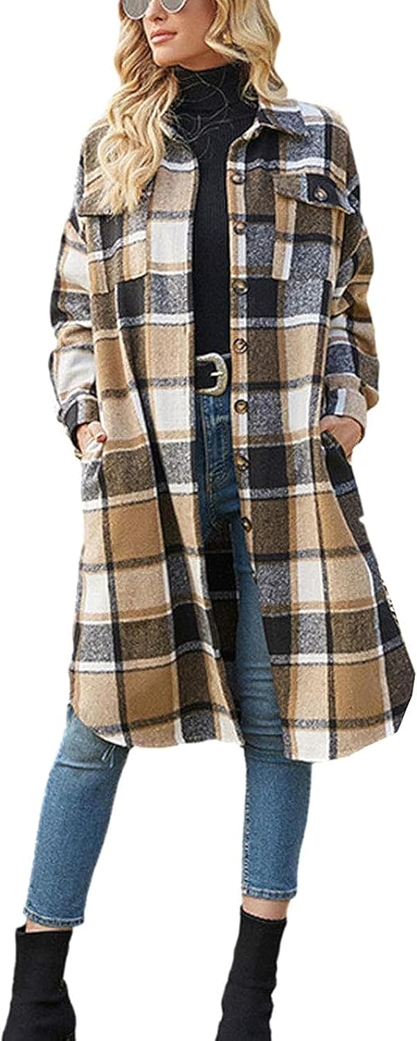 Himosyber Women's Casual Plaid Lapel Woolen Button Up Pocketed Long Shacket Coat