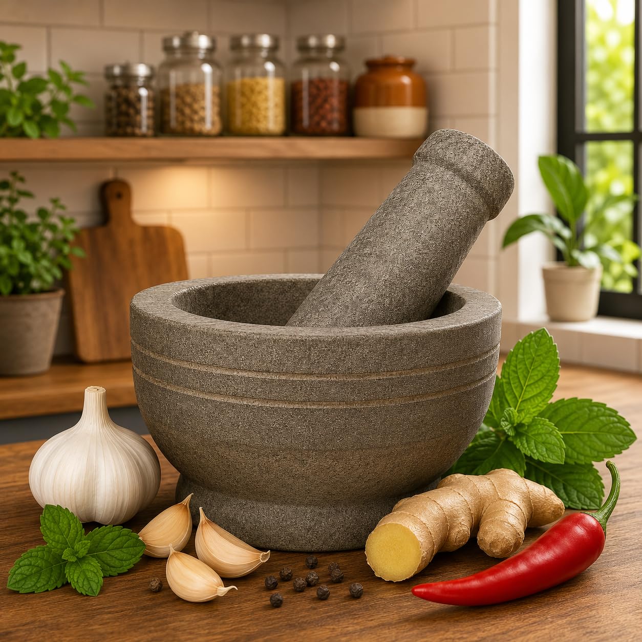 EZAHK Stone Mortar and Pestle Set for Spices, Okhli Masher, Khalbatta Stone, Natural & Traditional Grinder, Musal, Well Design for Kitchen, Home, Herbs (5.5 inch) Grey 1
