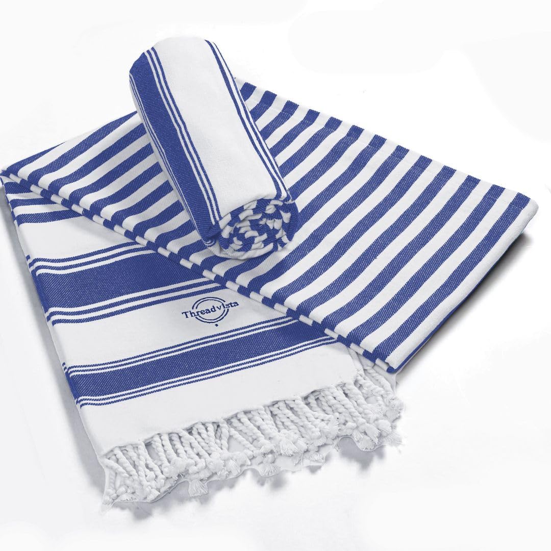 Threadvista Turkish Peshtemal Beach Towels Cotton Set of 2 Large 40x70 Inch - Soft Lightweight Quick-Drying Absorbent - Versatile for Beach Pool Spa