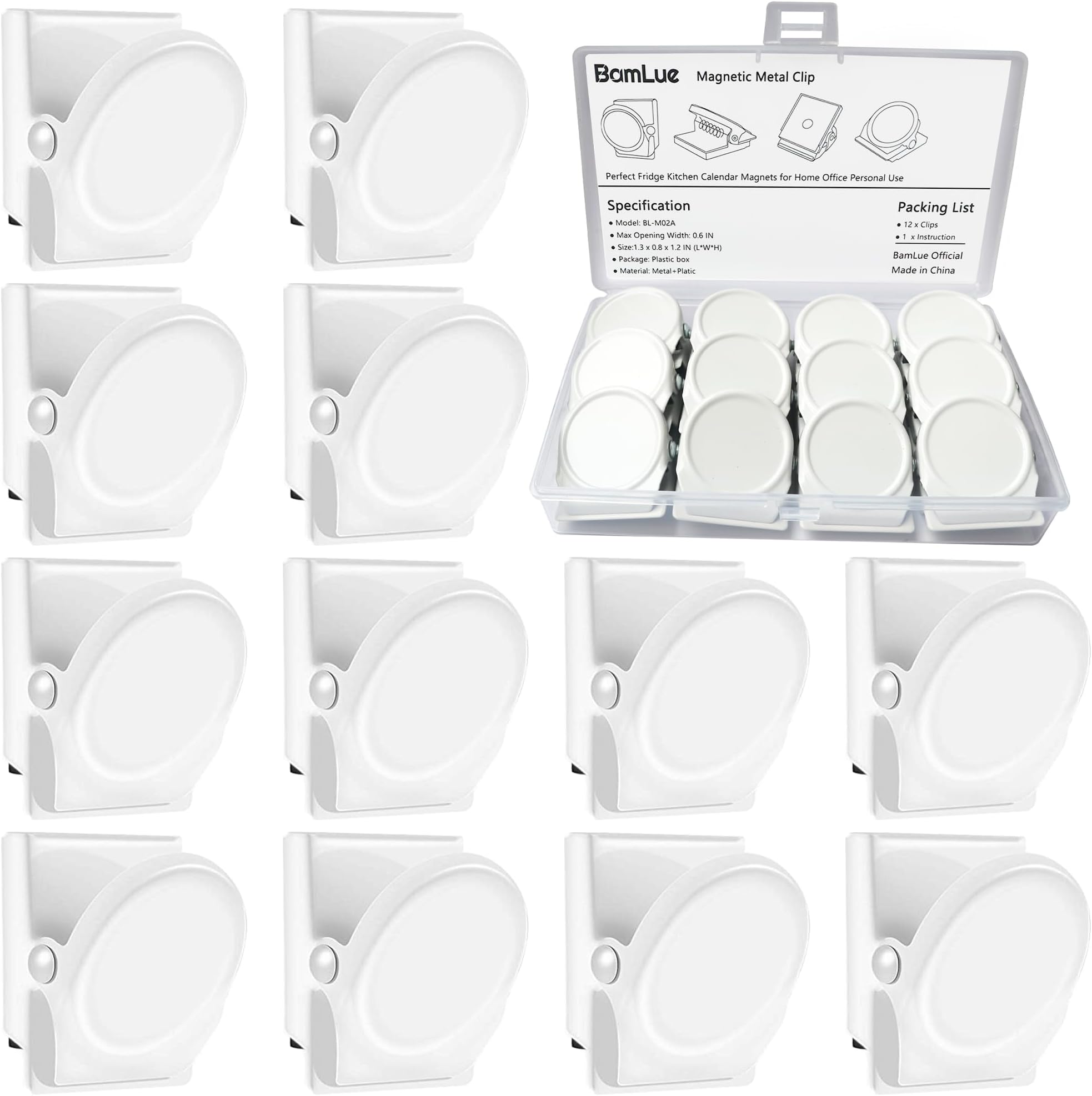 BamLue 12 Pieces Fridge Magnet Clips Plastic Box, Refrigerator Whiteboard Wall Fridge Memo Note Paper Clips, Heavy Duty Magnetic Clip for Photos, Pictures, Papers- Home & Office & Teaching, White