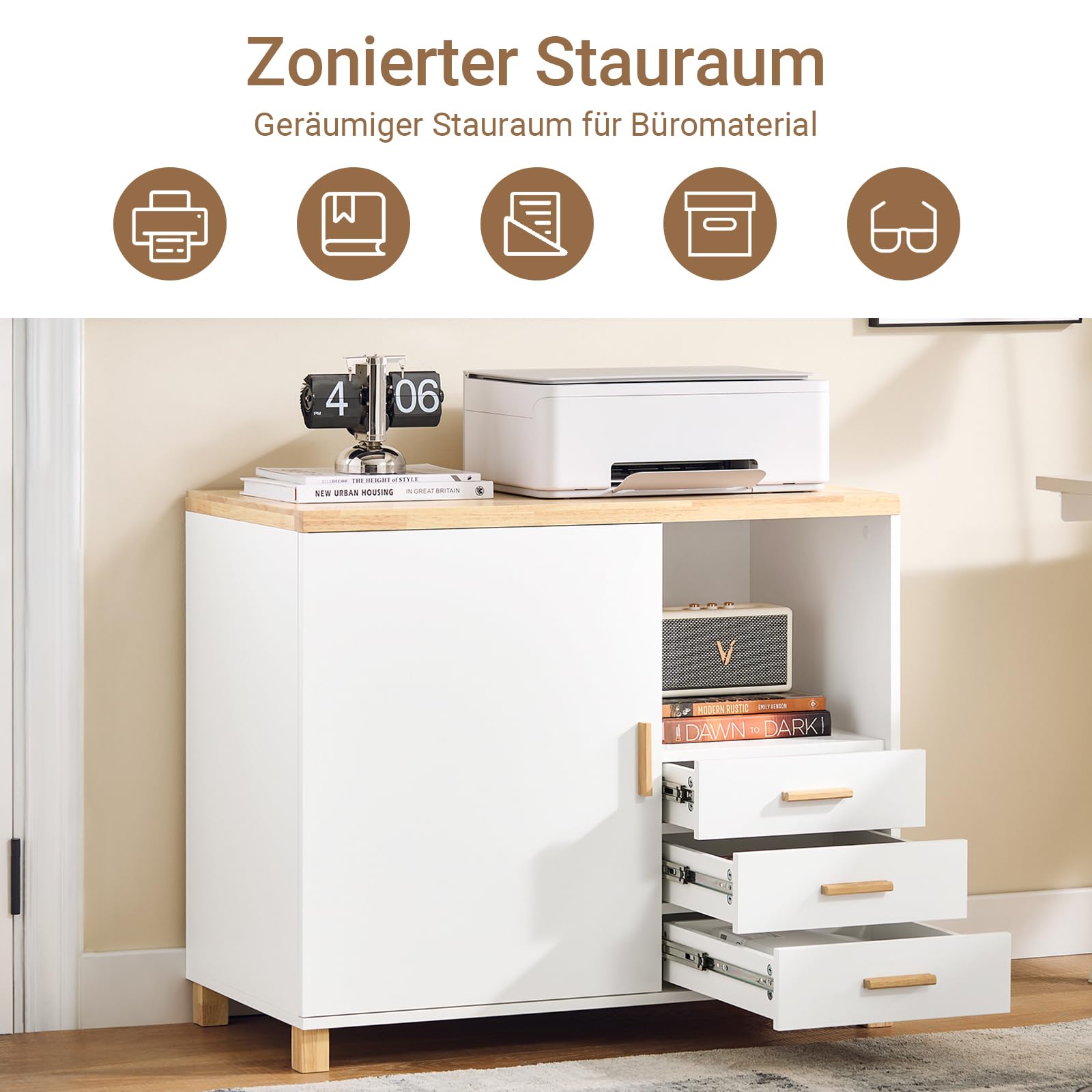 SoBuy Druckertisch Schreibtisch Unterschrank mit 3 Schubladen und 1 offenem Fach Büro Schubladenschrank Aktenschrank Druckerschrank Platzsparender Büroschrank Weiß-Natur 90x75x45cm ASK07-WN