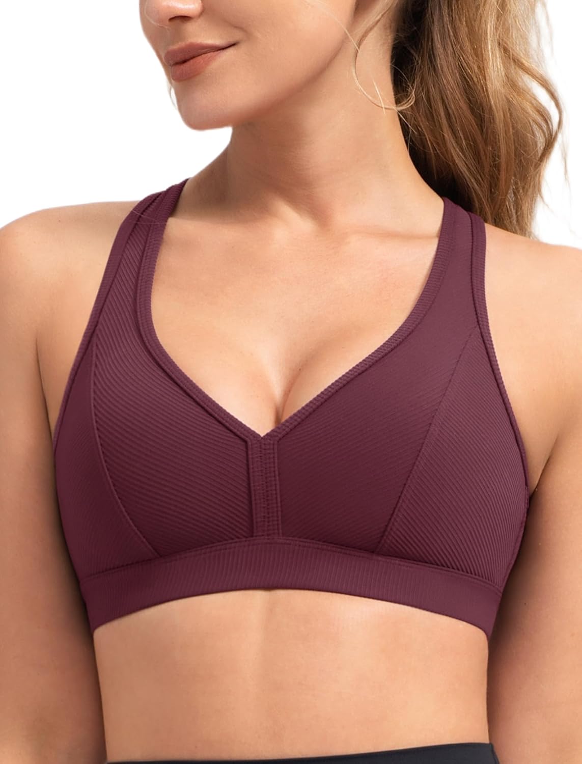 Yvette Sports Bra Sexy V Neck Yoga Bra Cross Back Light Support Wide Straps with Built-in Pads