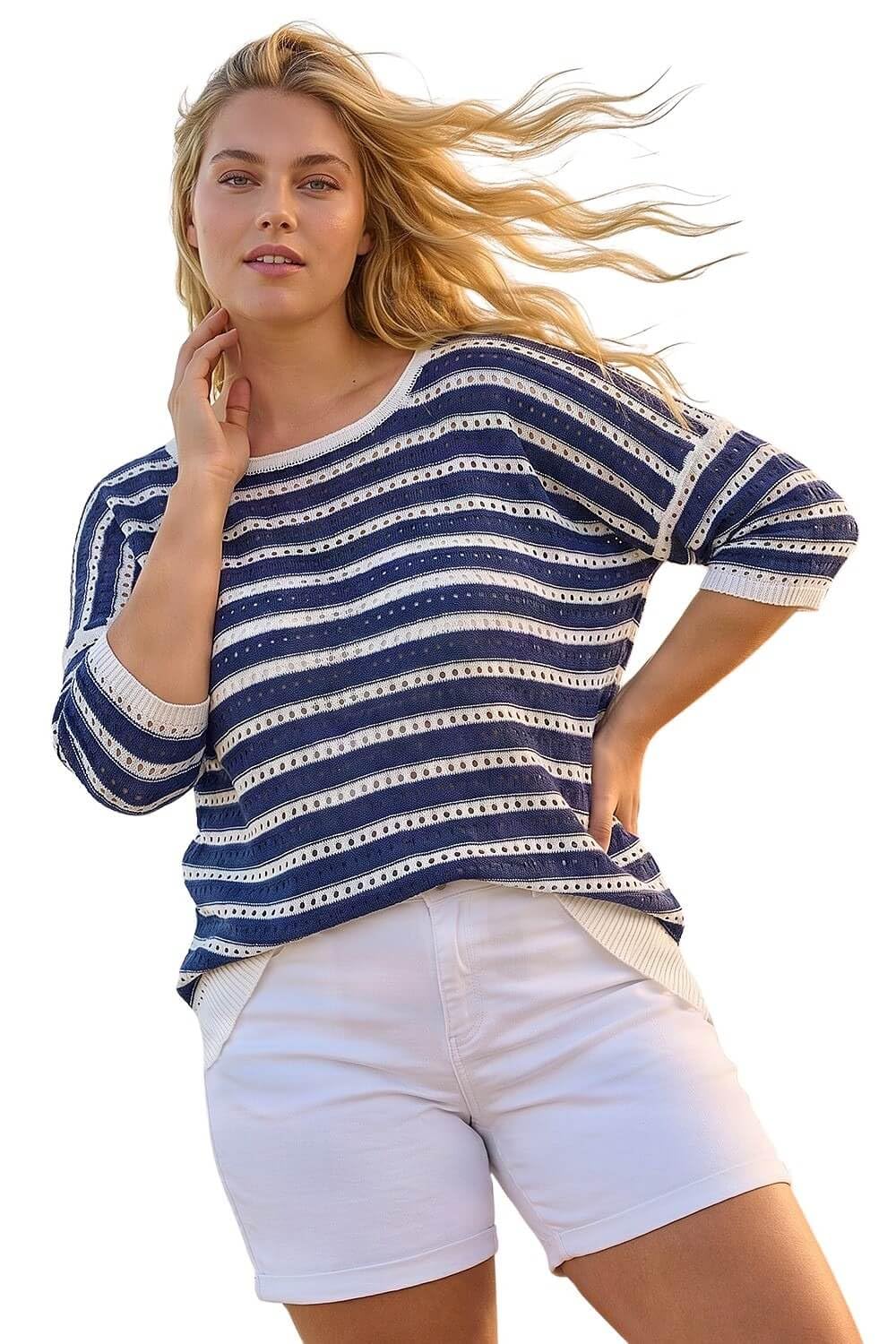 Roman Curve Crochet Stripe Knit Top for Women UK - Ladies Everyday Holiday Spring Summer Round Neckline Comfy Soft Evening Vacation Work Party - Navy Plus - Size 20