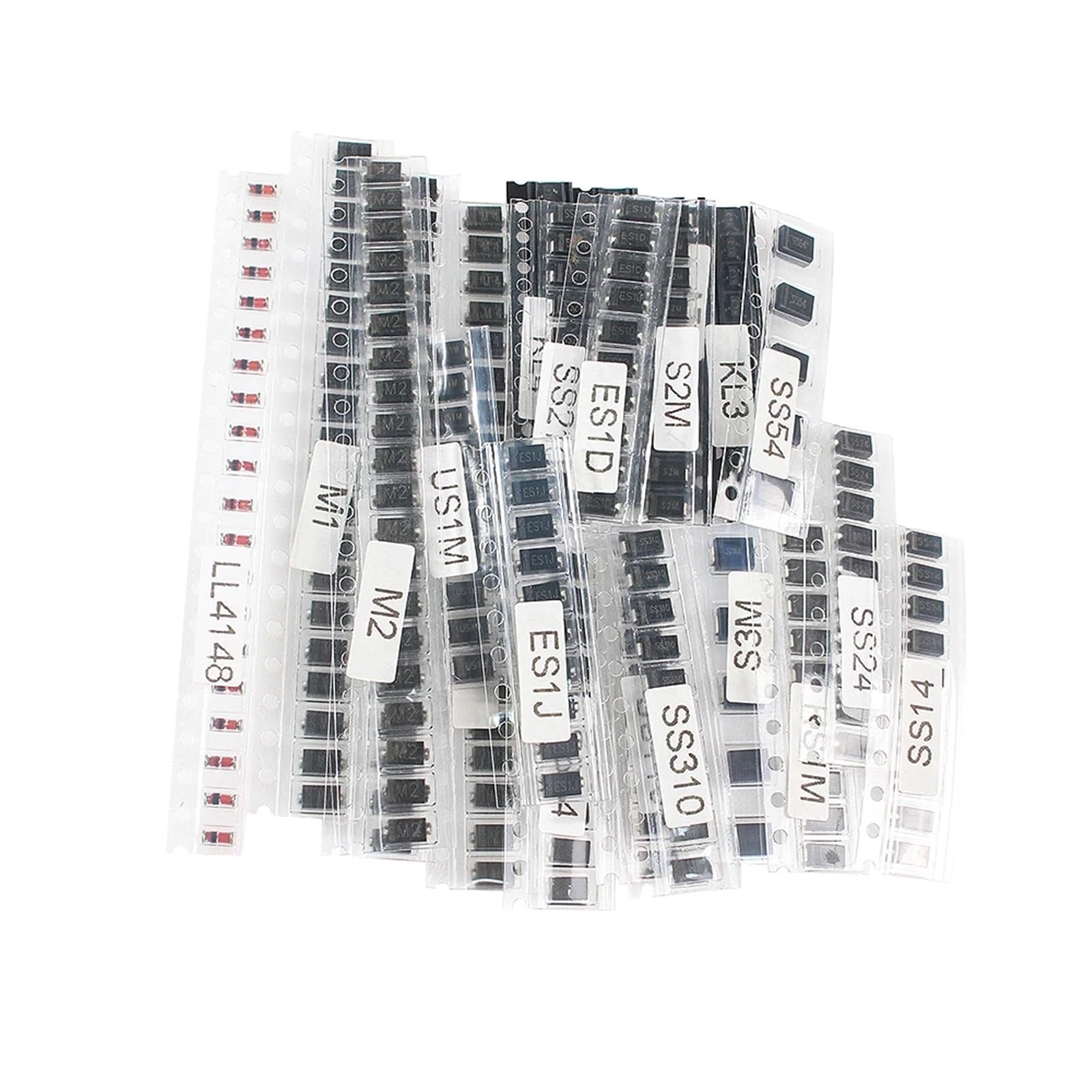 Kit surtido de 260 diodos conmutación y rectificadores Schottky: M1, M2, M4, M7, S2M, RS1M, US1M, ES1D, SS14, SS110, SS34