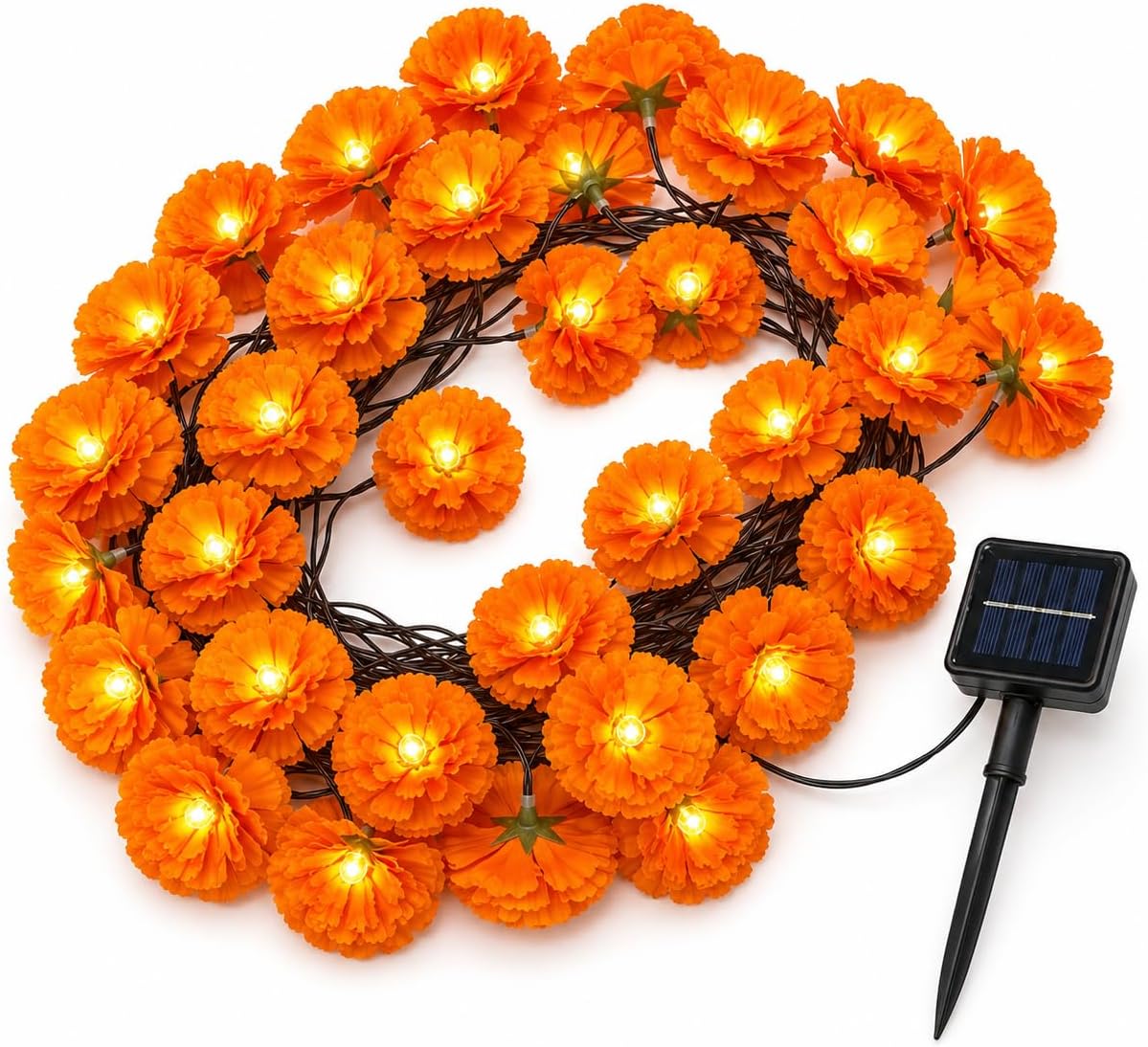 Solar Marigold Garland 21Ft 30 Silk Flowers+LED for Day of the Dead Diwali