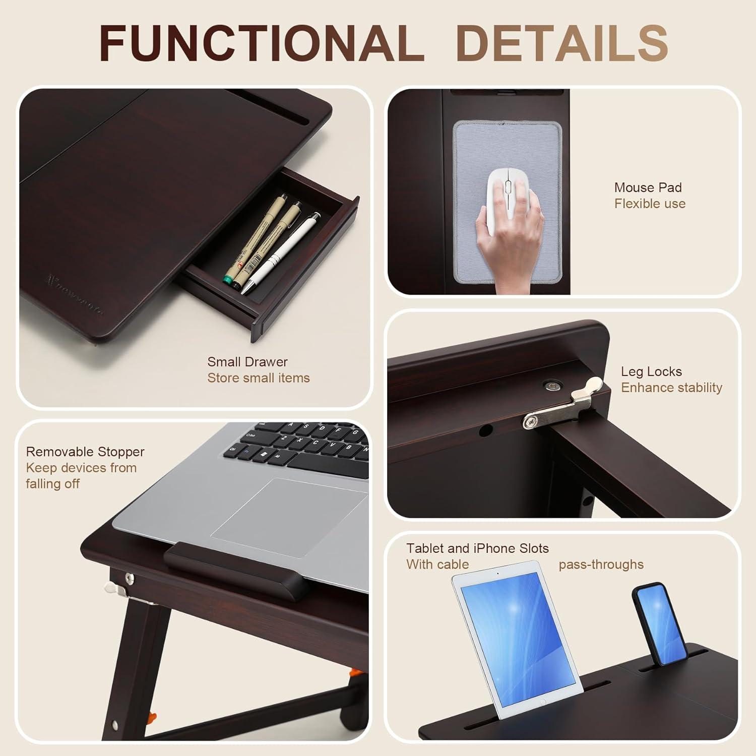 Nnewvante Laptop Desk, Height & Angle Adjustable Lap Desk Bed Tray Table, Foldable Laptop Table with Drawer, Mouse Pad, Tablet & Phone Slots for Working Reading Writing Eating, Black Walnut