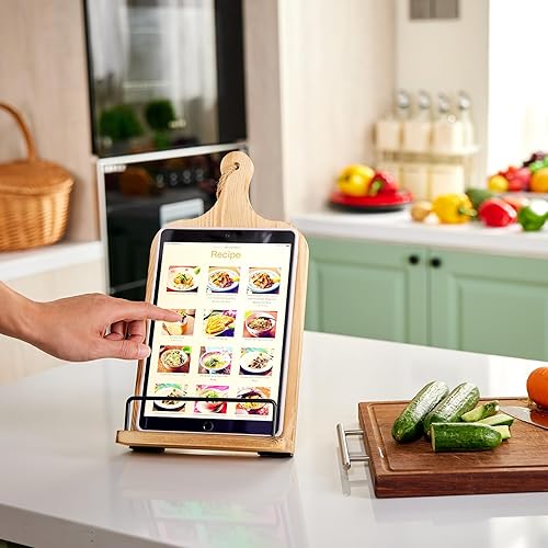 Miniatura 5 de Housejoy Soporte de madera para libros de cocina, soporte ajustable para encimera de cocina, soporte para libros de cocina, madera resistente con